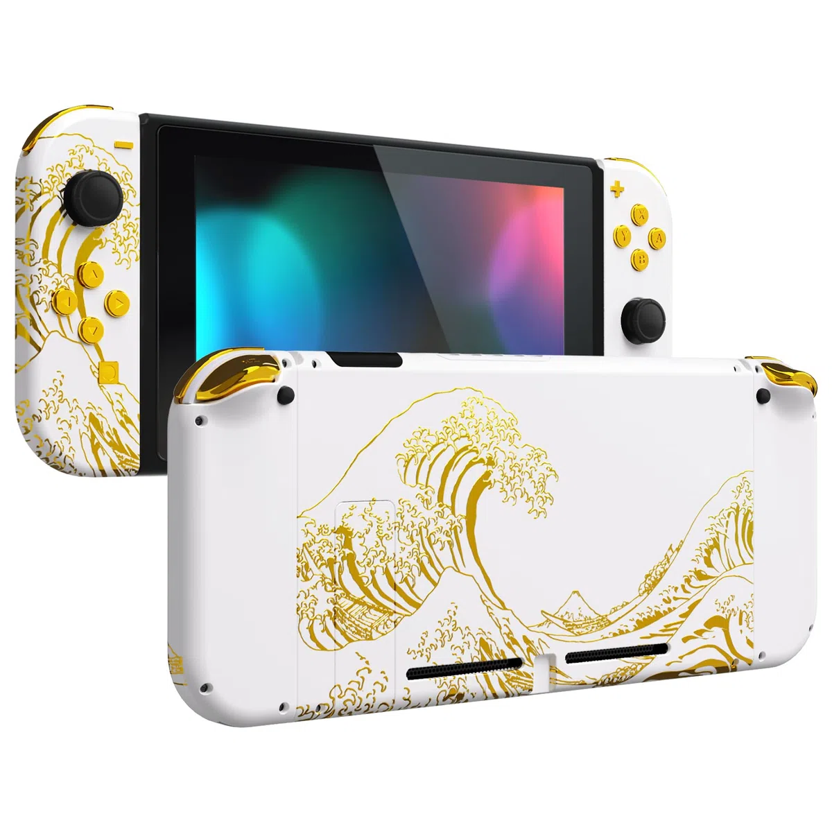 eXtremeRate Cover per Nintendo Switch,Custodia Tasti Pulsanti Kit per Joycon,Scocca Shell Grip DIY Ricambio per Console,Senza Controller-Grande Onda d'Oro Bianca