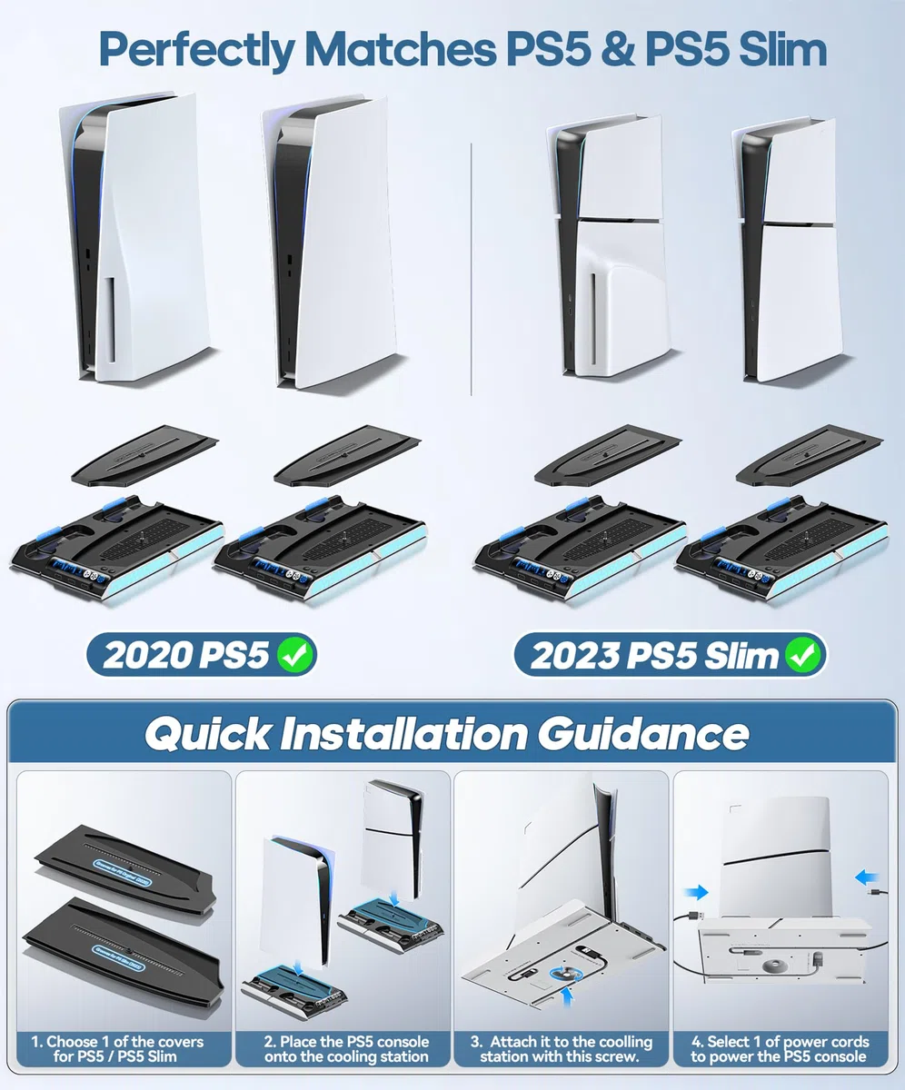 KDD Supporto PS5/PS5 Slim Con Ventola di Raffreddamento Autoregolante, Base PS5 Slim è di Ricarica Dualsense PS5, Base Verticale PS5 per PS5 Slim/PS5 Digital Edition e Disc Edition