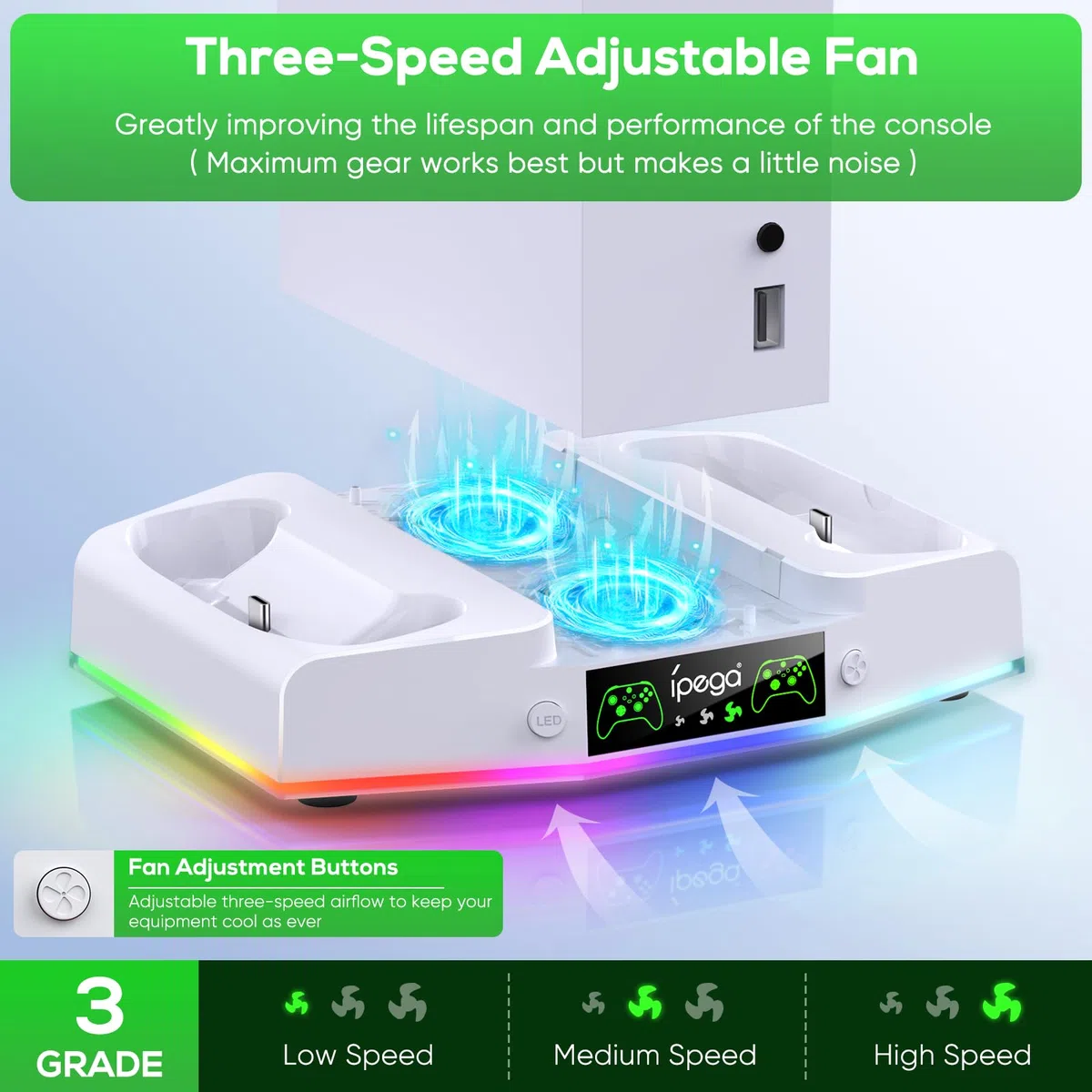 FYOUNG stazione di ricarica Xbox Series S verticale con 15 luci RGB, raffreddamento ventilato, 2 batterie ricaricabili