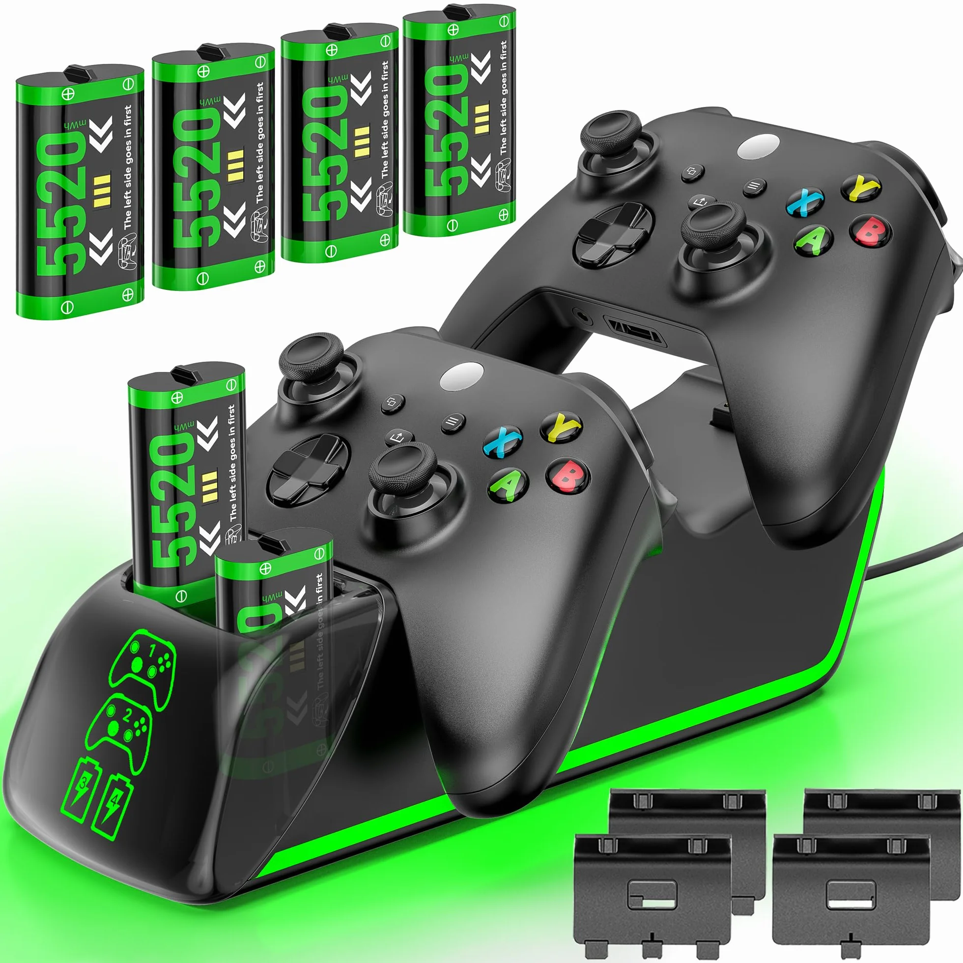 Stazione di Ricarica per Controller Xbox con 4x5520mWh Batterie per Series/One X|S, Caricatore RGB