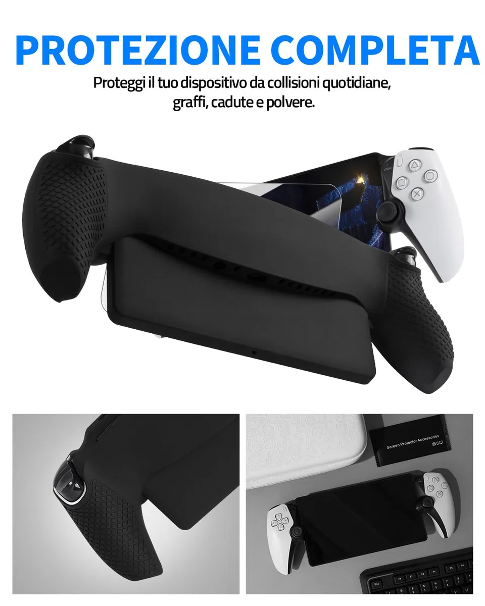 Set di Accessori 8 in 1 Compatibile con Playstation Portal, Custodia Rigida con Copertura in Silicone per PS5, Protezione Schermo e 4 Tasti da Pollice, Nero e Bianco