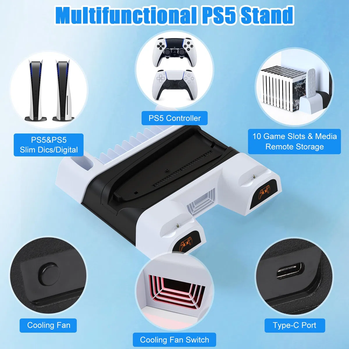 Supporto PS5/PS5 Slim con Ventola di Raffreddamento e Ricarica Controller PS5, PS5/PS5 Slim Supporto Verticale Compatibile con PS5/PS5 Slim con Indicatore di LED