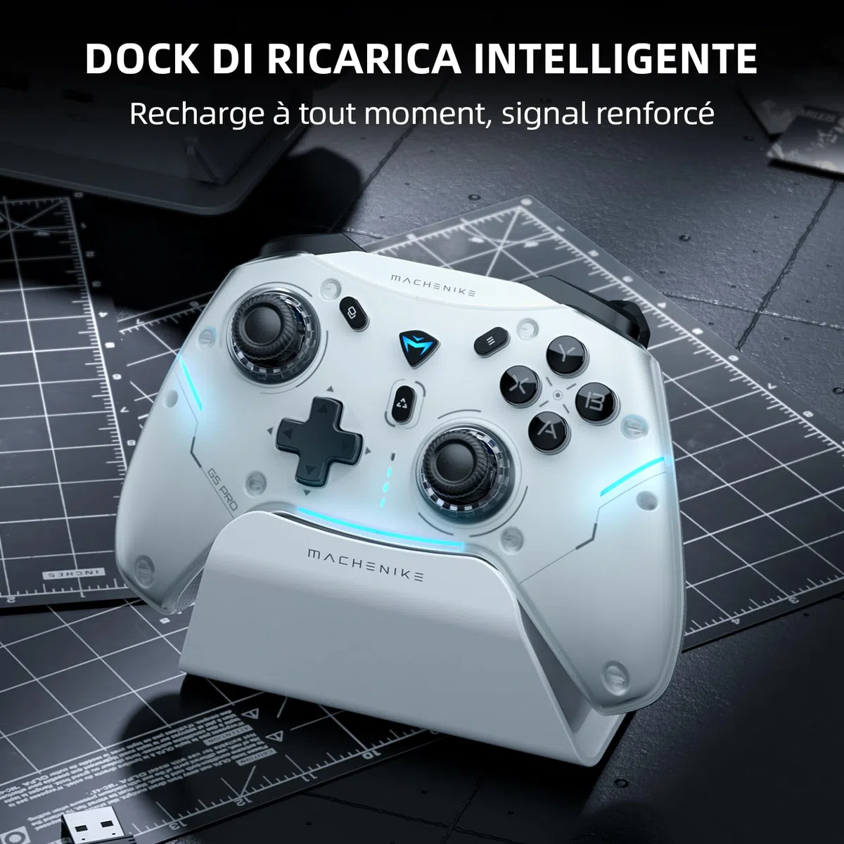 Machenike G5PROMAXSE Controller Bluetooth con Base di Ricarica, Joystick Effetto Hall, Controller Wireless per Switch/Mac/PC/iOS/Android, 2.4G/BT/USB, 1000Hz/1000mAh, Vibrazione, Bianco