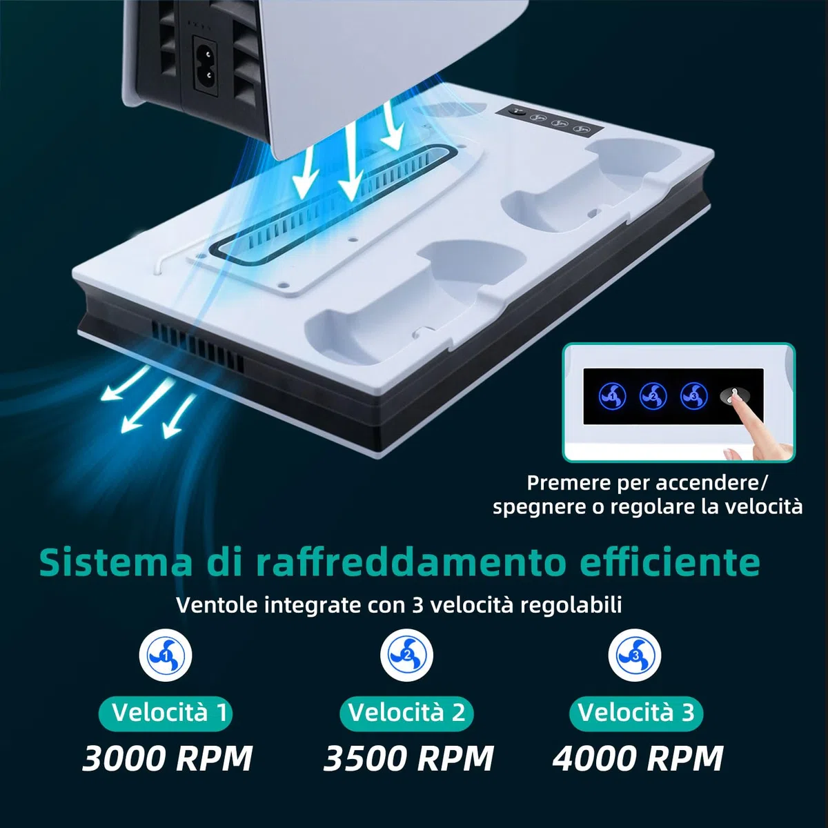 Supporto Verticale di Raffreddamento per PS5/PS5 Pro/PS5 Slim Stazione di Ricarica per Controller Doppi con 3 Livelli di Ventola/Supporto per Cuffie per PS5/PS5 Slim UHD/Digital Edition