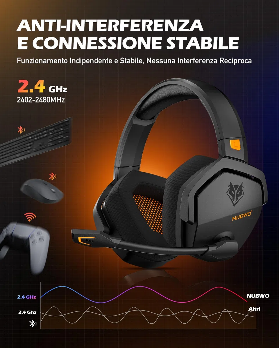 NUBWO G06 Cuffie Gaming Wireless 2.4GHz Bluetooth 5.3 Microfono 7.1 100+ Ore Arancio