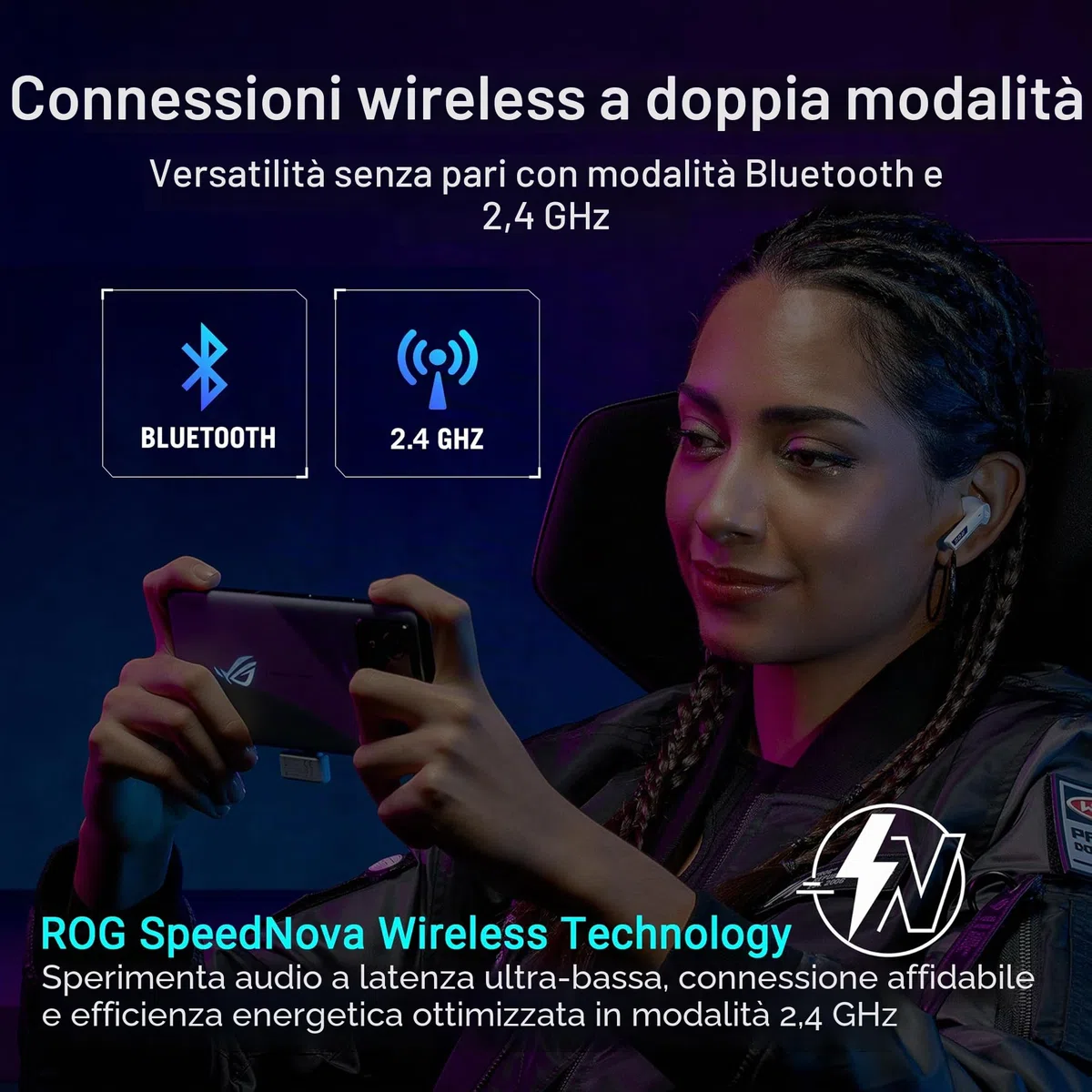 ASUS ROG Cetra True Wireless Speednova Cuffie Gaming Senza Fili, Tecnologia Wireless ROG SpeedNova, Audio 24 bit 96 kHz, Microfoni IA a Conduzione Ossea, ANC, Fino a 46 Ore di Autonomia, Bianco