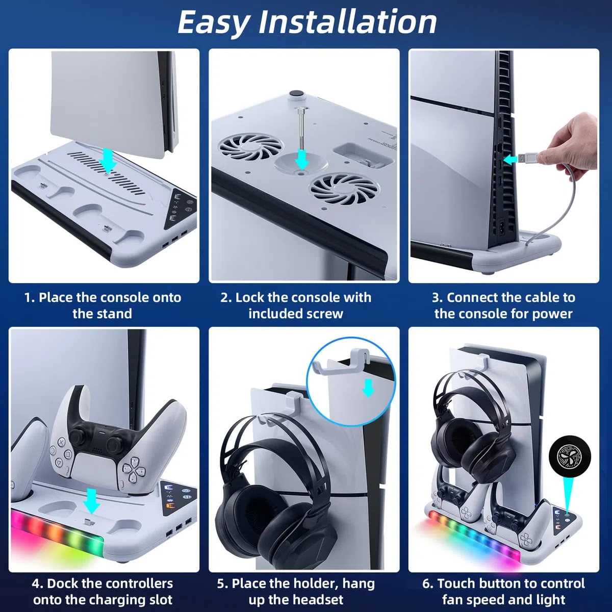 Supporto con ventola per console PS5 Slim/PS5, stazione di ricarica per DualSense/Edge Controller con 9 luci RGB, supporto per cuffie e 3 hub USB per PS5 UHD e Digital-Bianco
