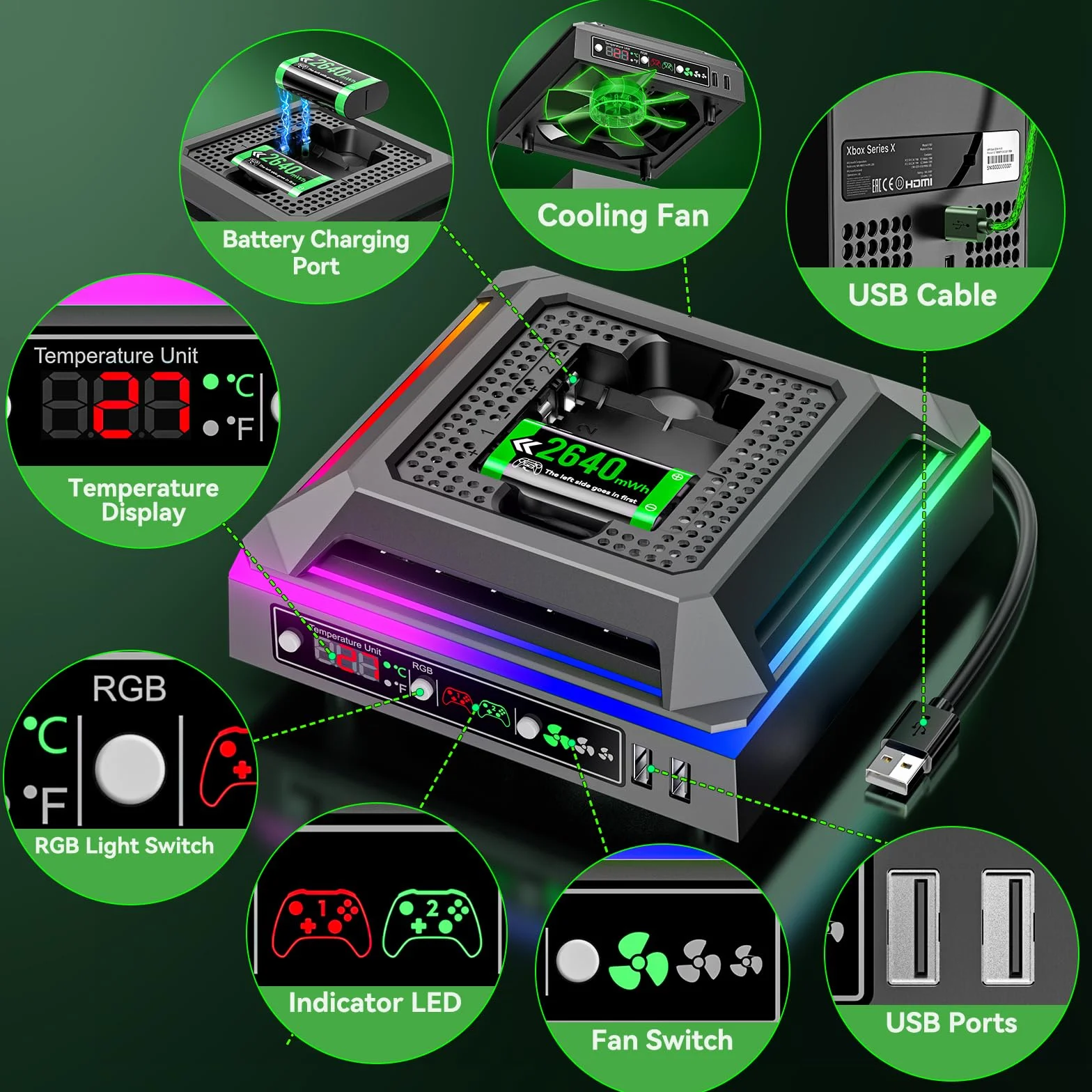 Ventola per Xbox Series X 3 Velocità, Base di Ricarica con Batterie Ricaricabili 2×2640 mWh, Raffreddamento Console con Indicatore Temperatura LED