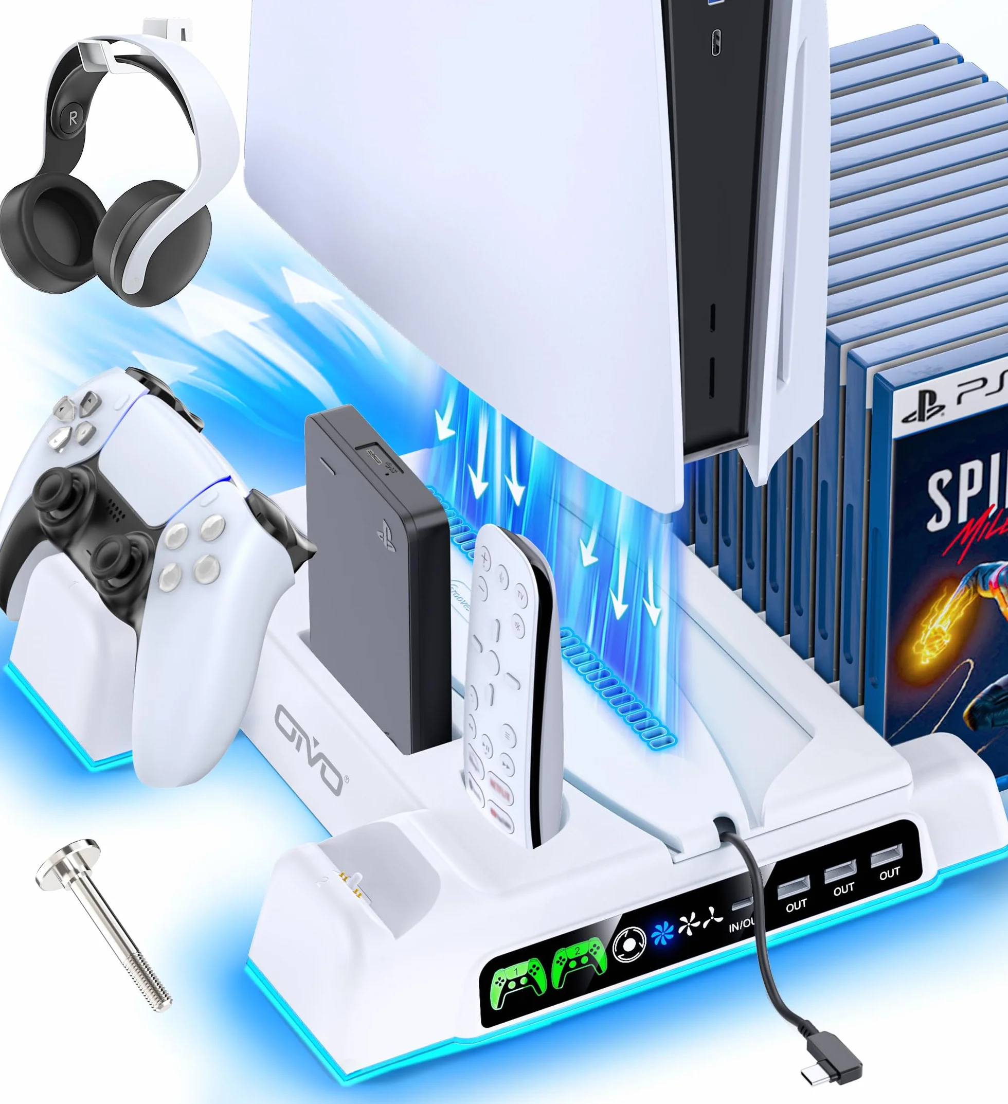 OIVO Supporto per PS5/Slim/Pro con Ventola di Raffreddamento, Ricarica Controller e Conservazione per 14 Giochi