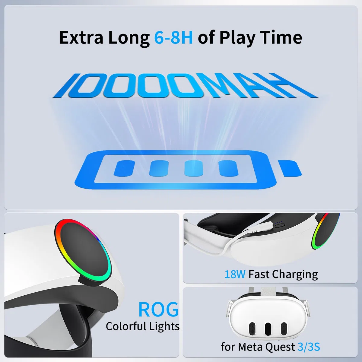 EVARY Elite - Cinghia per la testa per Meta Quest 3, batteria da 10000 mAh, accessori per realtà virtuale, durata 3-5 ore, ricarica rapida, fascia regolabile per il massimo comfort