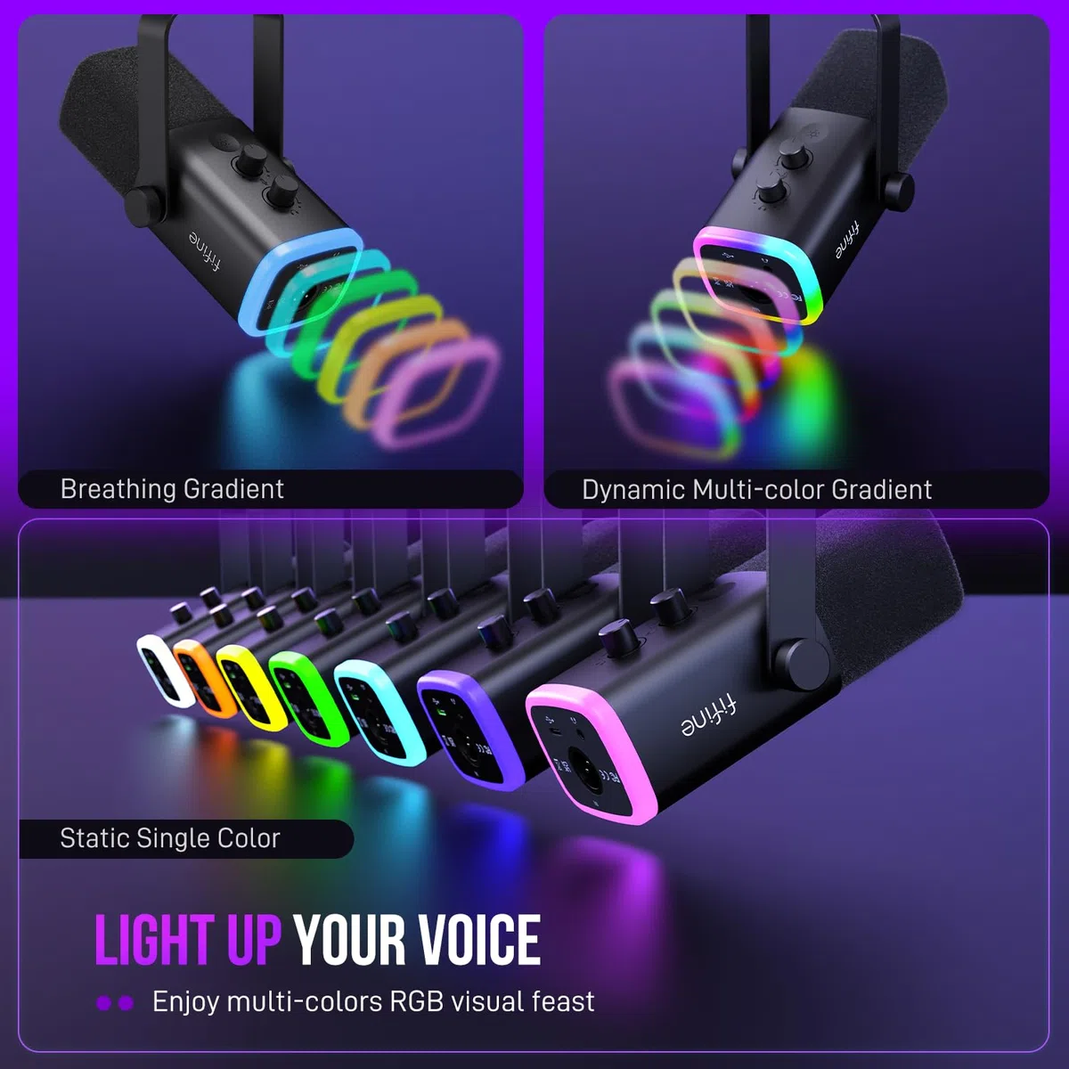 FIFINE Microfono dinamico USB/XLR per la registrazione di podcast, microfono per PC e videogiochi in streaming con luce RGB, pulsante mute, jack per cuffie, supporto da tavolo, microfono vocale per