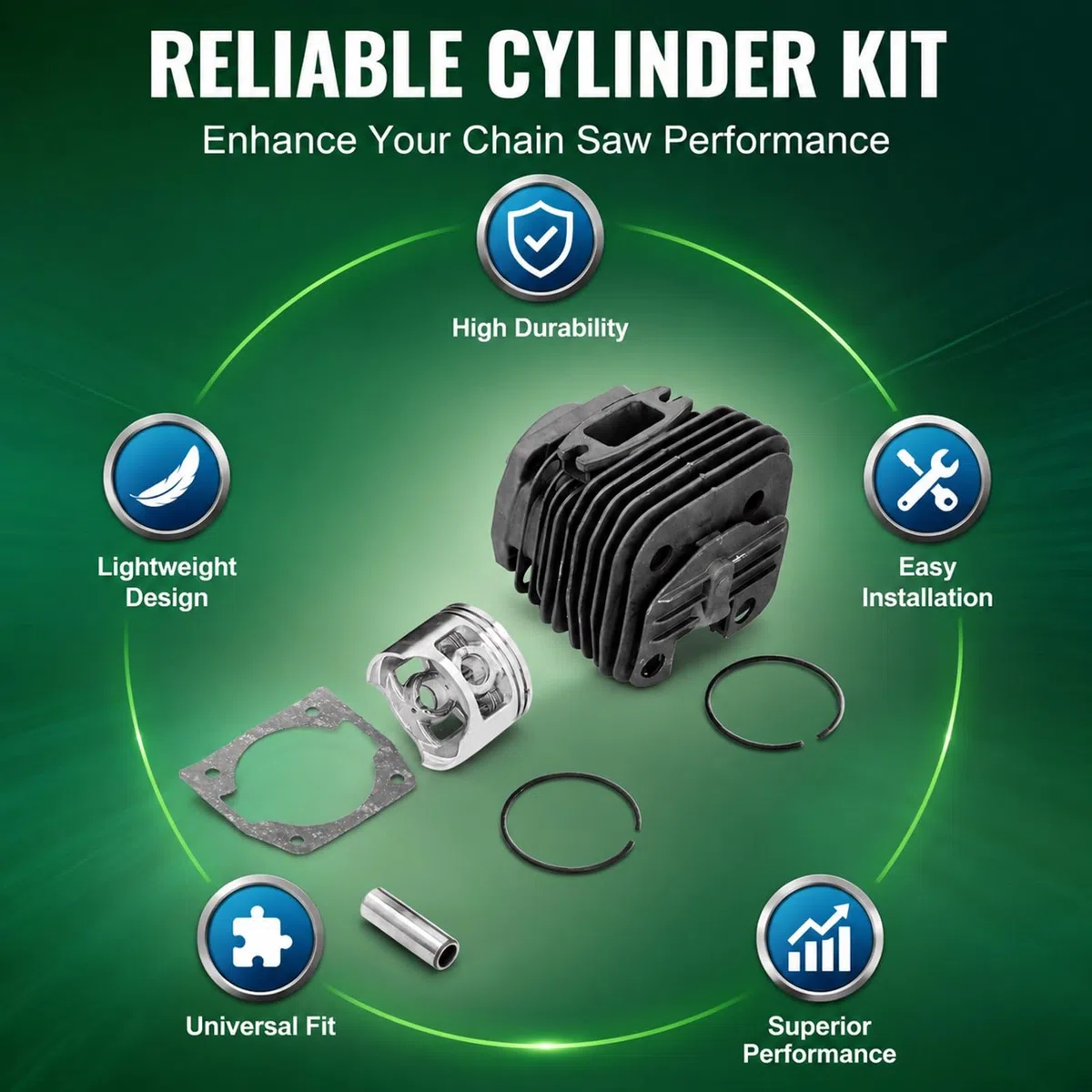 Kit Cilindro e Pistone 45.2mm, Ricambio per Motosega a Benzina 58cc, Anelli e Clip Pin in Ferro e Lega di Alluminio - Alta Durabilità, Resistente all'Usura, Ricambi Universali pe
