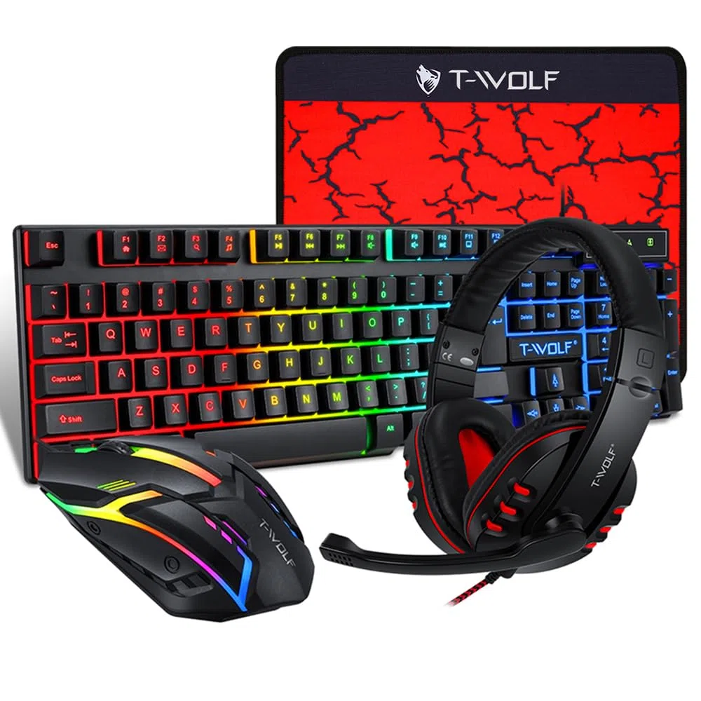 Hanzete TF800 Quattro Pezzi Gaming Combo Tastiera 104 Tasti Mouse Luce Respirante 4 colori Headset Gaming Tappetino per Mouse Antiscivolo