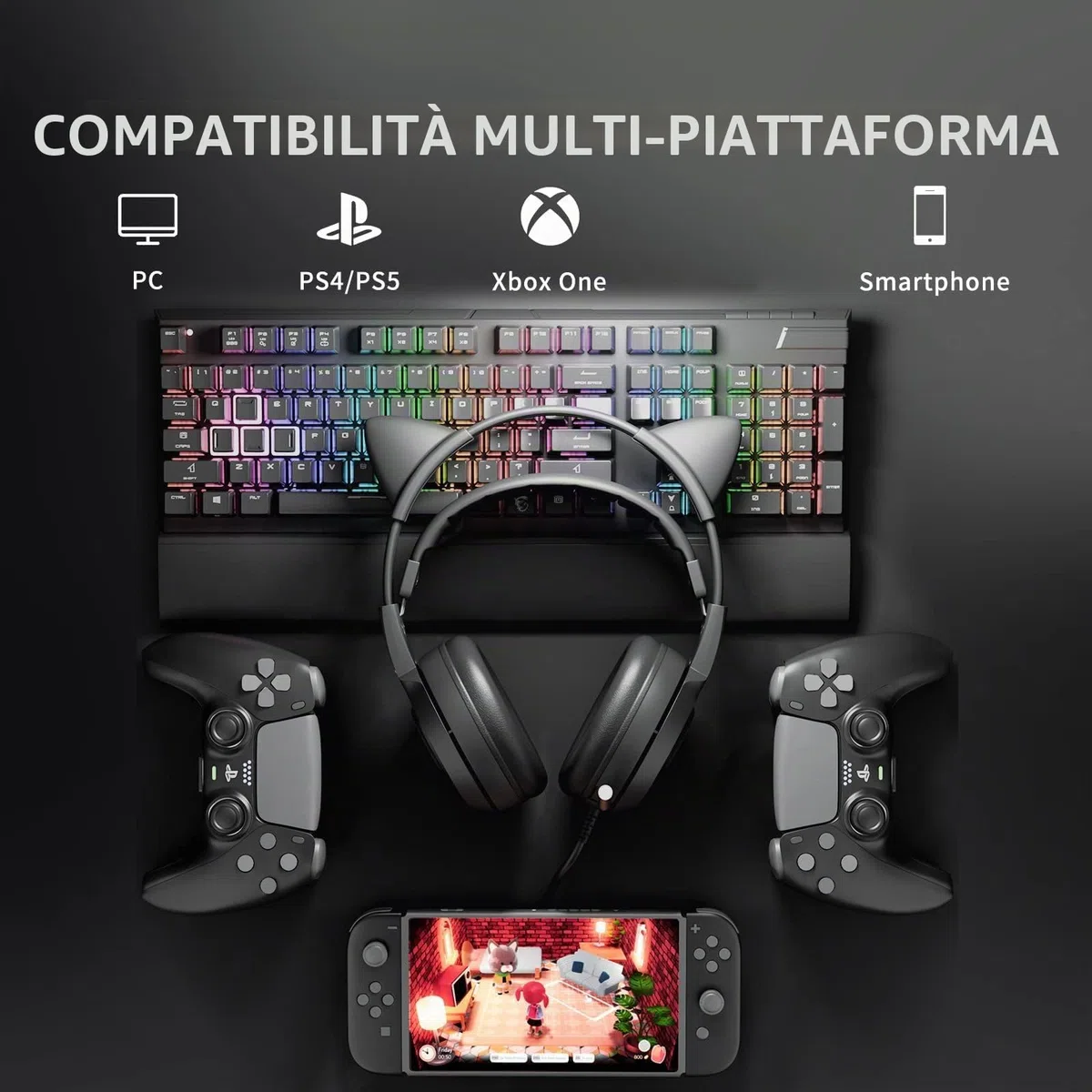 Somic Cuffie da Gioco per Xbox One, PS4, PC, Audio Surround Stereo con Eliminazione del Rumore, Orecchie di Gatto Rimovibili