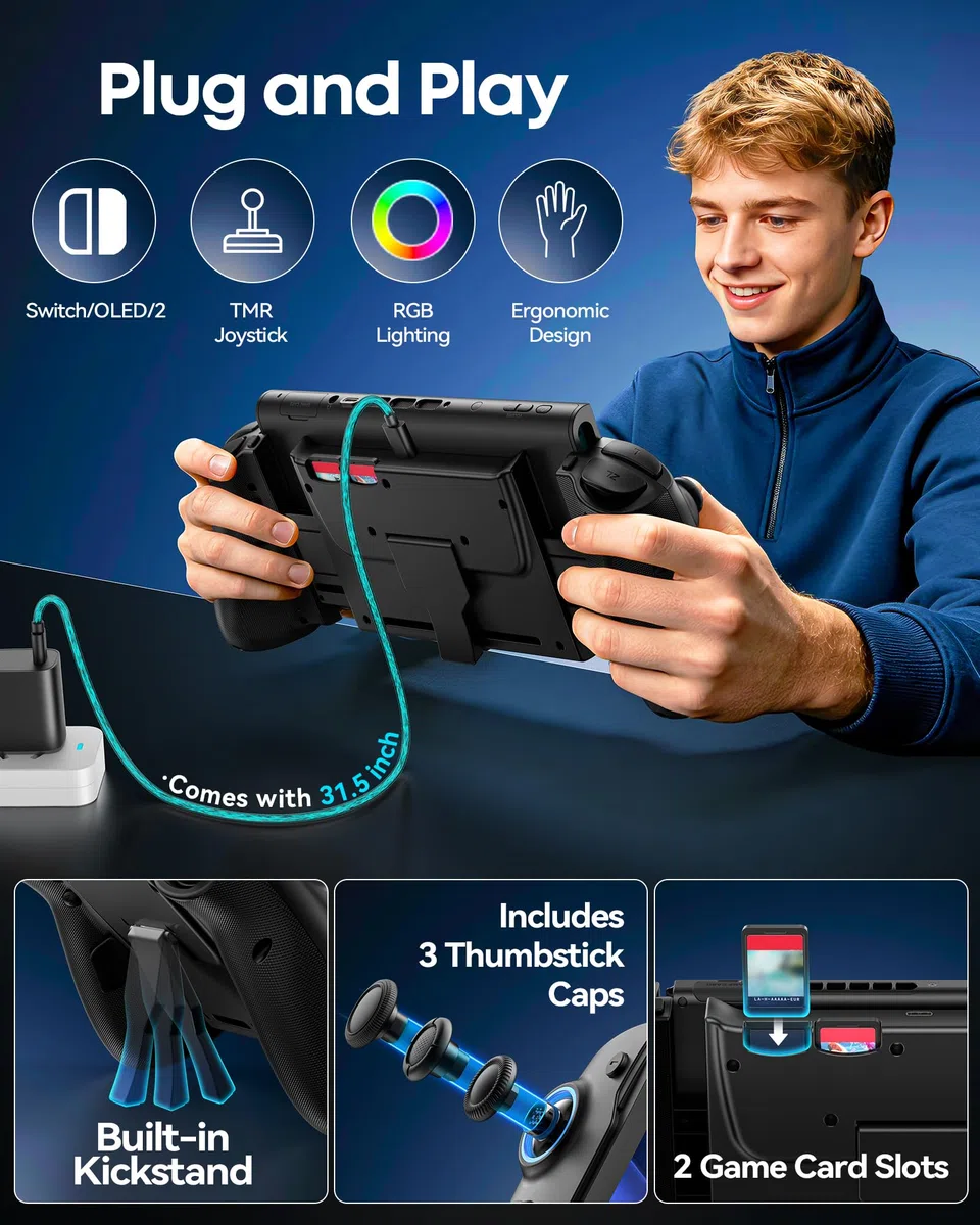 Controller per Switch 2/Switch/OLED con TMR Joystick, Monoblocco Estensibile Joypad Nintendo Switch, Gamepad Sostitutivo Switch Pro con Luci RGB, TURBO Regolabile, Vibrazione, Macro Programmabile