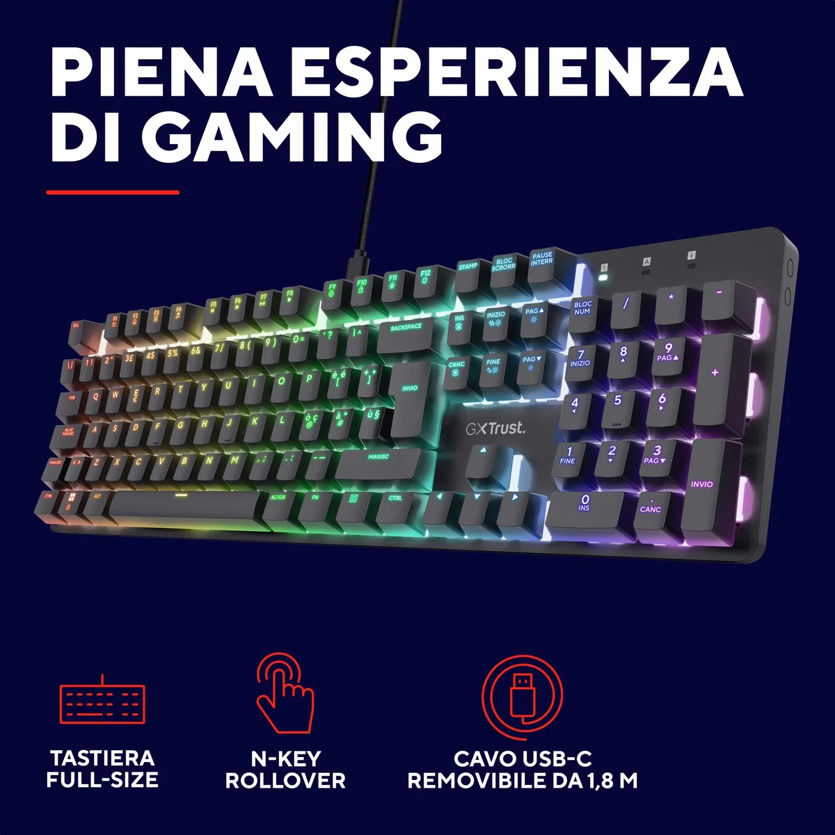 GXTrust 871 Zora Tastiera Meccanica Gaming Layout Italiano QWERTY RGB Retroilluminata Tasti Huano Lineari Anti-Ghosting N-Key Rollover USB Nero