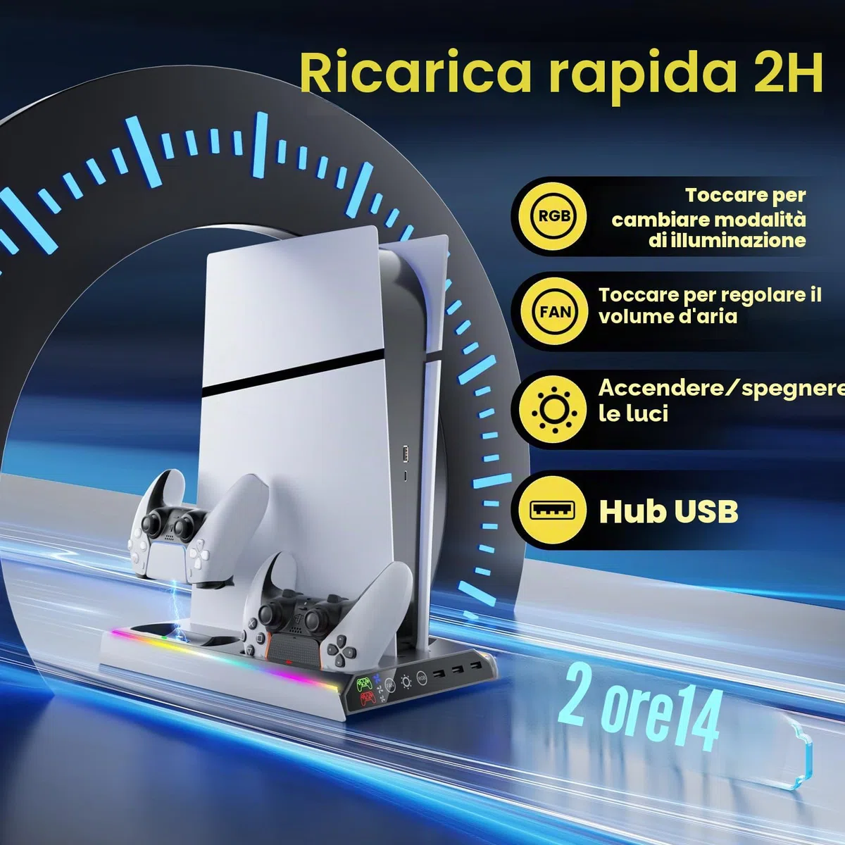 Fenolical Supporto PS5/Slim/Pro con Ventola di Raffreddamento Regolabile, Supporto Verticale per Caricabatterie PS5/Slim/Pro, Stazione di Raffreddamento Multifunzionale PS5 Slim con Caricabatterie