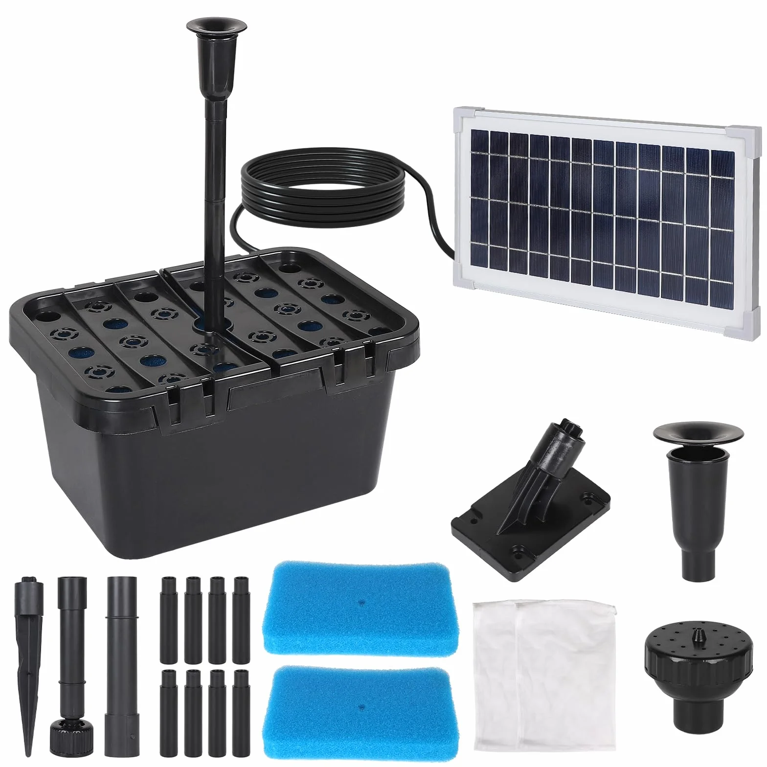 CPROSP Pompa per laghetto solare 390 l/h, pompa per laghetto da esterno con 2 inserti per fontana, modulo solare da 8 Watt, pompa solare, set completo per acqua pulita in laghetto da giardino