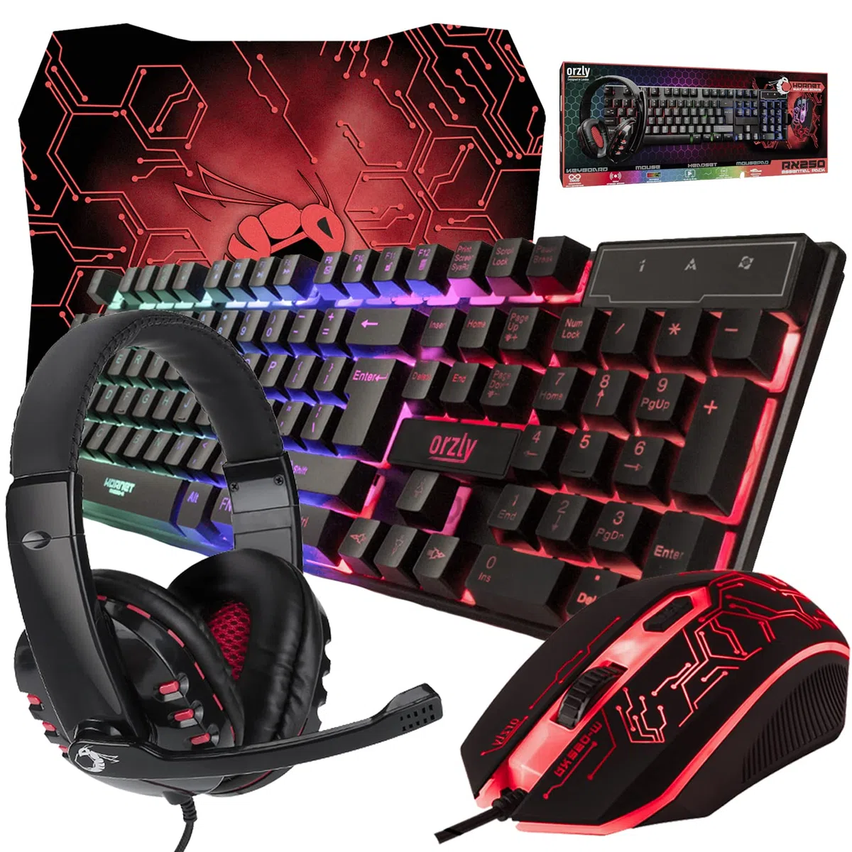 Orzly Gioco Mouse e Tastiera [Retroilluminata RGB], Tappetino per Mouse Grande, e Cuffie da Gioco - Kit 4 in 1 Pacchetto Combinato per Giocatori PC, utenti Xbox o PS4 [Hornet RX250]