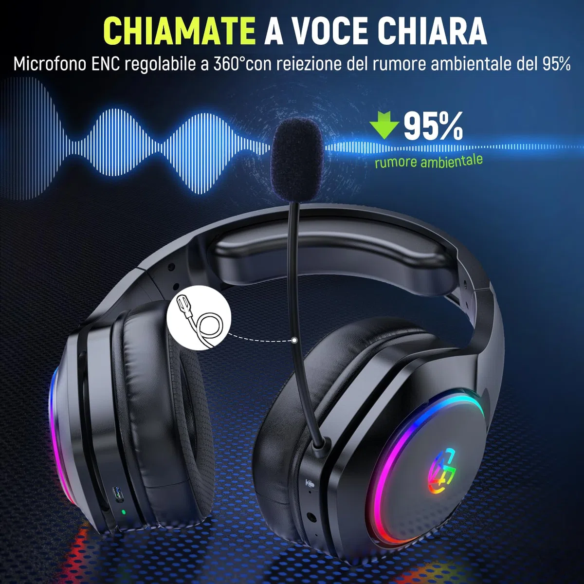 Tatybo Cuffie Gaming Wireless per PC/PS5/PS4, 2,4 GHz+Bluetooth 5.4 Dual Mode, Suono Surround 7.1, Durata 40 Ore