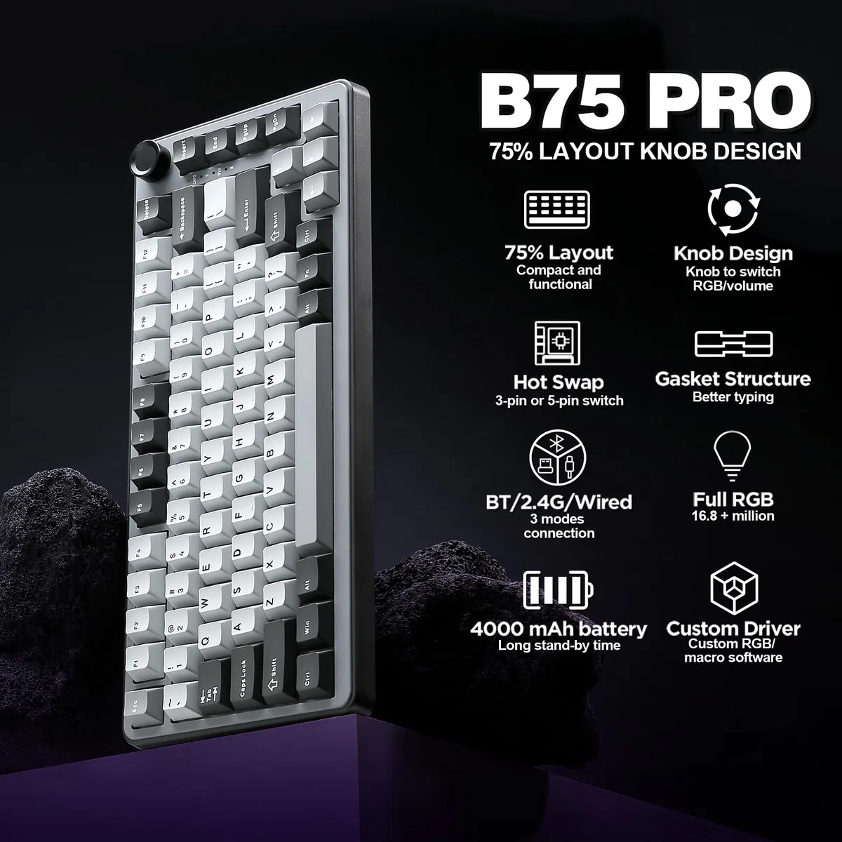 YUNZII B75 PRO Tastiera Meccanica Senza Fili, 75% Gaming Keyboard Hot Swap con Manopola, Interruttori Pre-lubrificati RGB, BT/Tipo-C/2.4G (Dark Grey, Cocoa Cream V2 Switch)