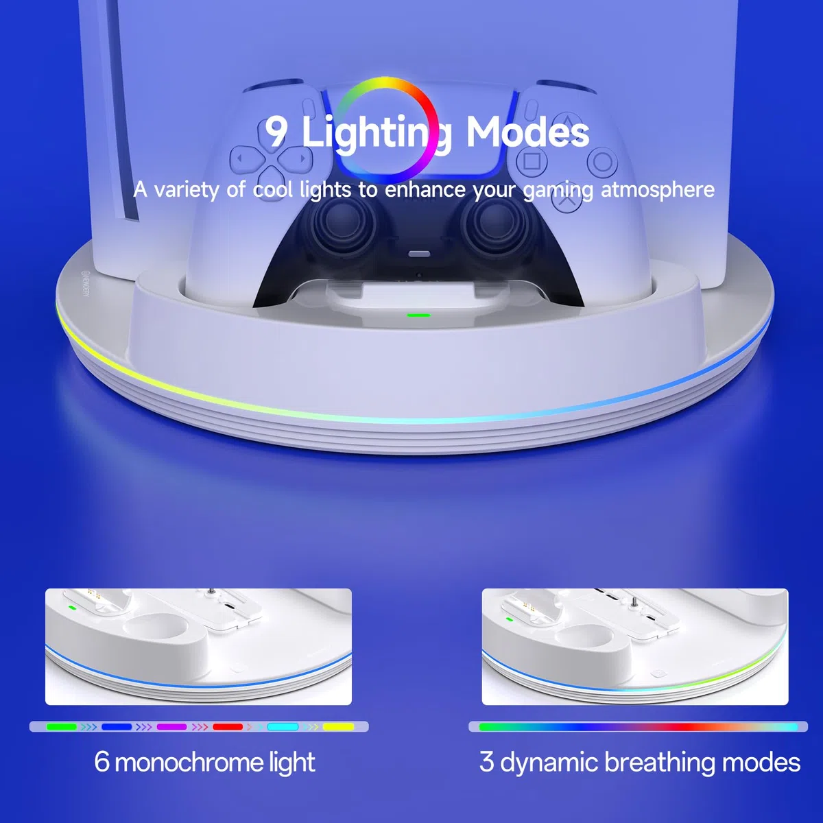 NEWDERY per PS5/PS5 Slim/PS 5 Pro Stand, stazione di ricarica doppio controller con luce RGB per PlayStation 5, supporto verticale per Playstation 5 Digital/Disc Console, bianco