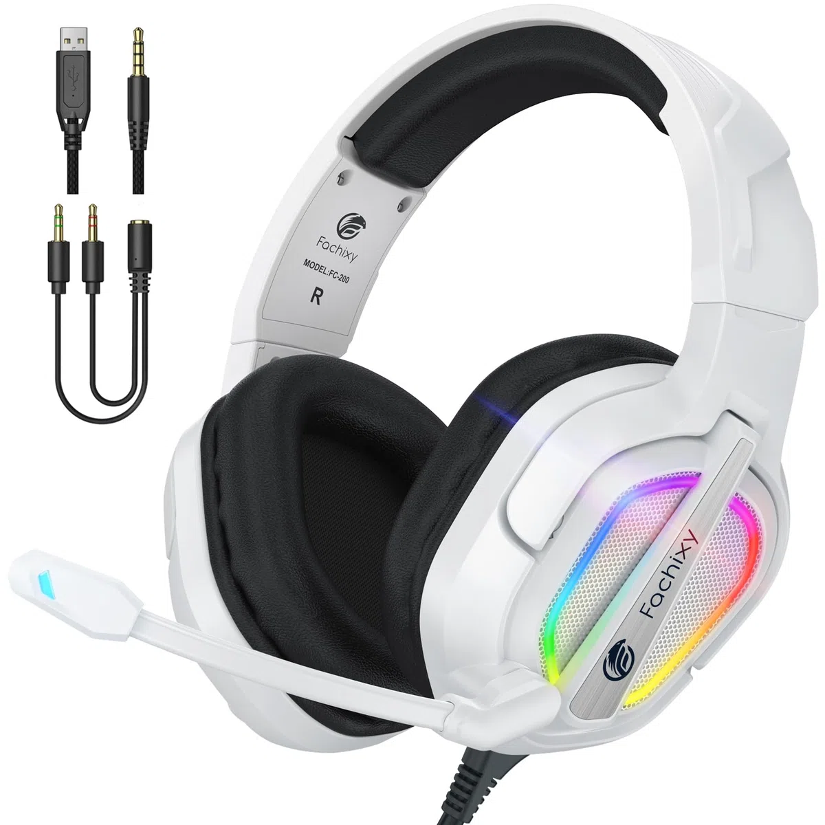 Fachixy FC-200 Cuffie da gioco pieghevoli con microfono ENC 3,5 mm RGB Bianco per PS5 PS4 PC Xbox Nintendo Switch