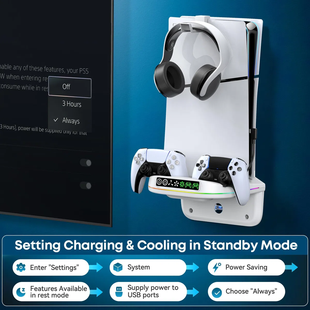 Supporto da Parete per PS5/Slim/Pro con Ventola e Caricatore per Controller, Ventola Raffreddamento PS5 con 3 Velocità e Luce RGB, Base di Ricarica PS6 Accessori con Gancio per Cuffie