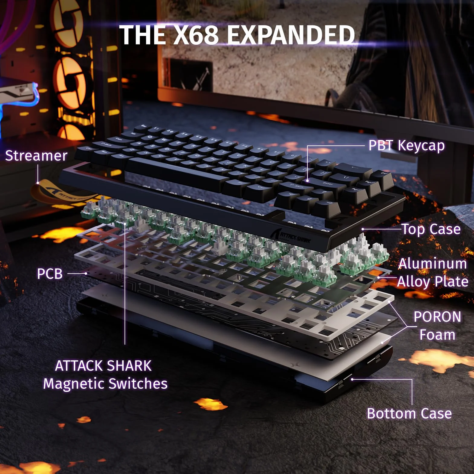 ATTACK SHARK X68 HE Tastiera Gaming 60% Cablata Rapid Trigger 8000Hz Switch Magnetici Attuazione Regolabile Snap Tap Nero