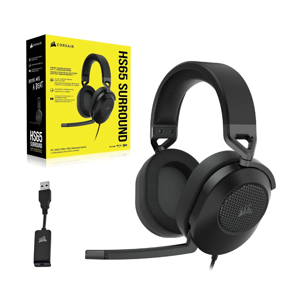 Corsair HS65 Surround Cuffie Gaming Cablate 7.1 Multipiattaforma Carbonio Dolby Surround SonarWorks SoundID iCUE PC Mac PS5 PS4 Xbox Nintendo Switch Mobile