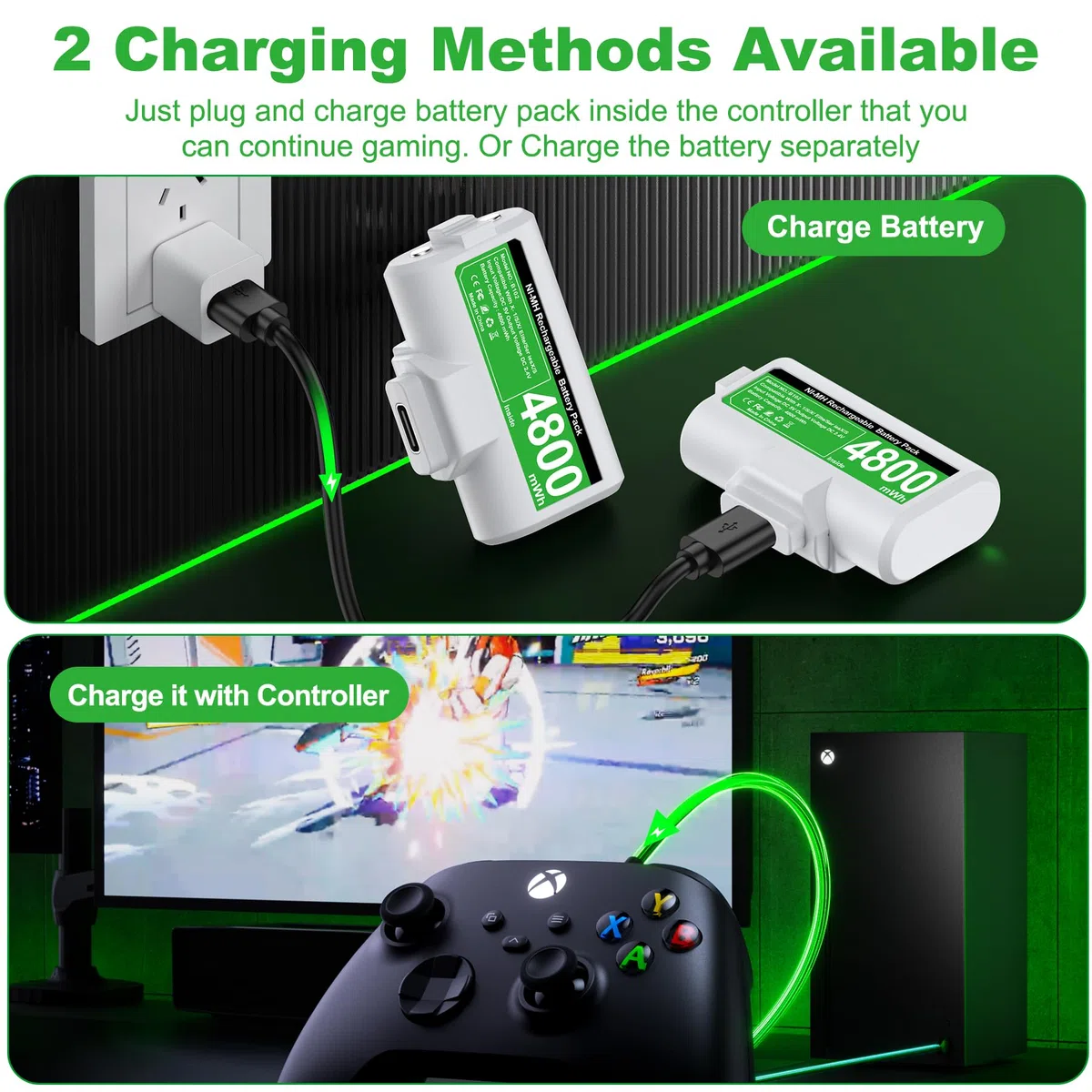 HEYLICOOL Batterie ricaricabili per controller Xbox One/Xbox Series X|S, 2 x 4800 mWh, kit di gioco e ricarica per Xbox Series X/S, Xbox One/Elite, Xbox One S/X con indicatore LED