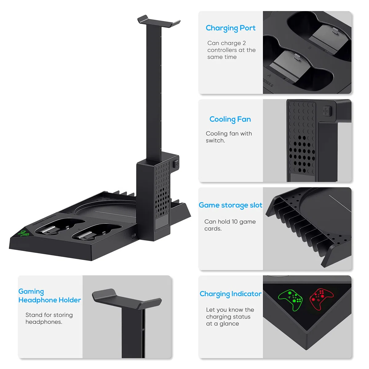 Supporto di raffreddamento verticale compatibile con console Xbox Series X, stazione di ricarica con doppio controller con 2 batterie da 1400 mAh e organizer per console da gioco e supporto per cuffie