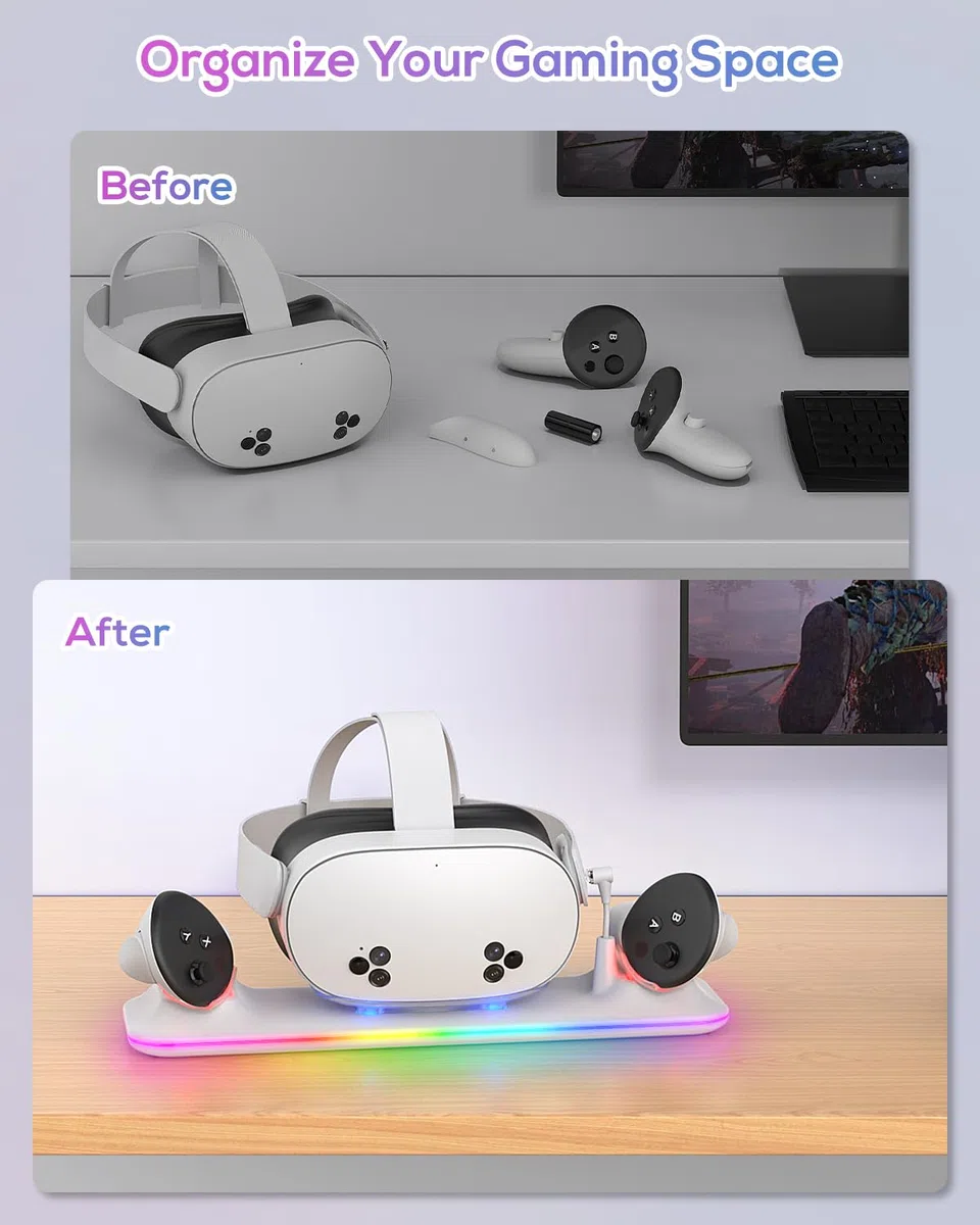 Kinwin Dock di Ricarica Magnetica per Meta Quest 3S/3, Stazione di Ricarica con Luce RGB e 2 Batterie Ricaricabili