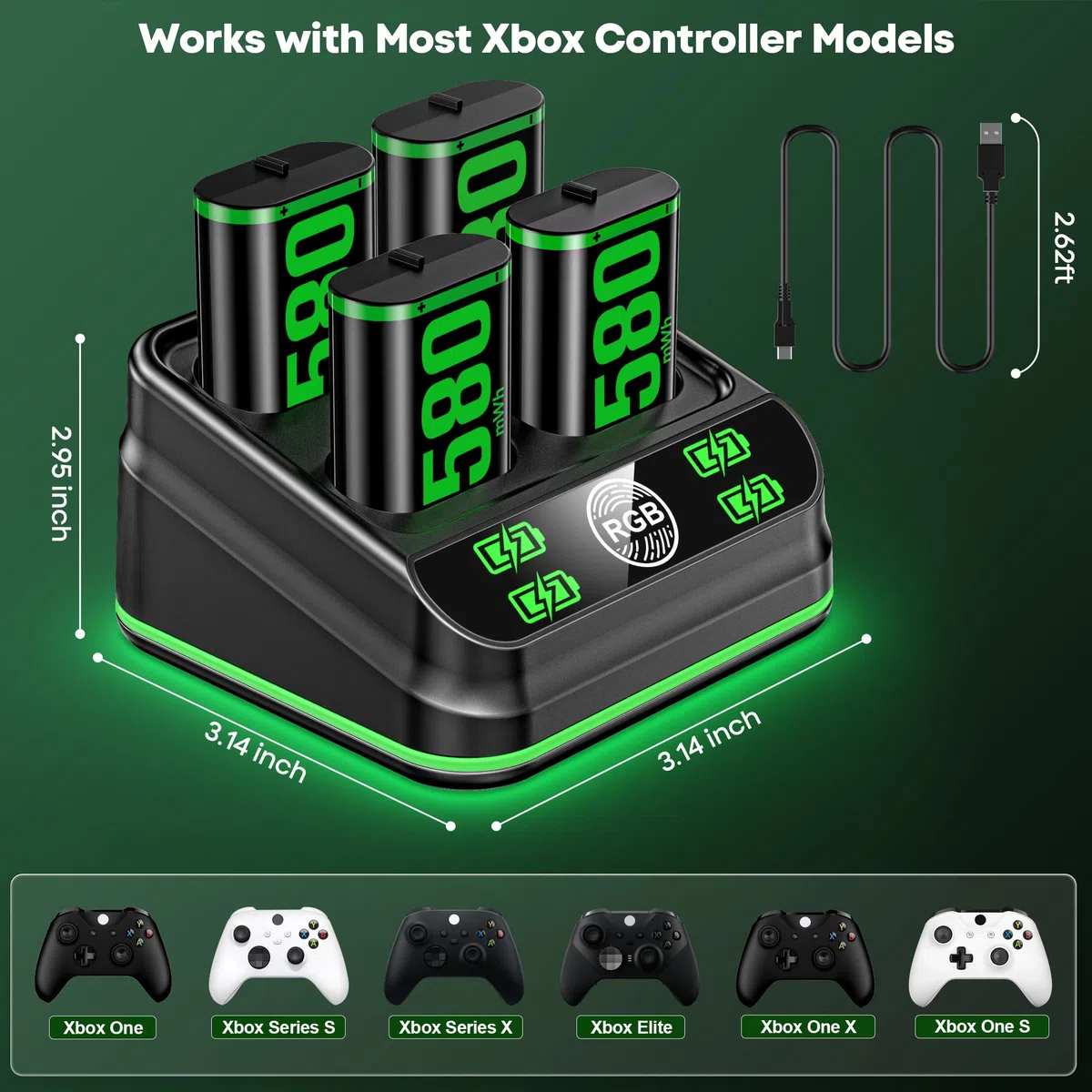 Batteria Ricaricabile per Controller Xbox 5580mWh con Caricabatterie 9 Modalità Illuminazione, Accessori Xbox