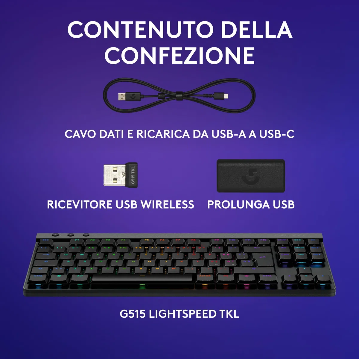 Logitech G G515 LIGHTSPEED TKL Tastiera gaming wireless, LIGHTSYNC RGB, switch meccanici Tactile, PBT, ITA QWERTY, Nero