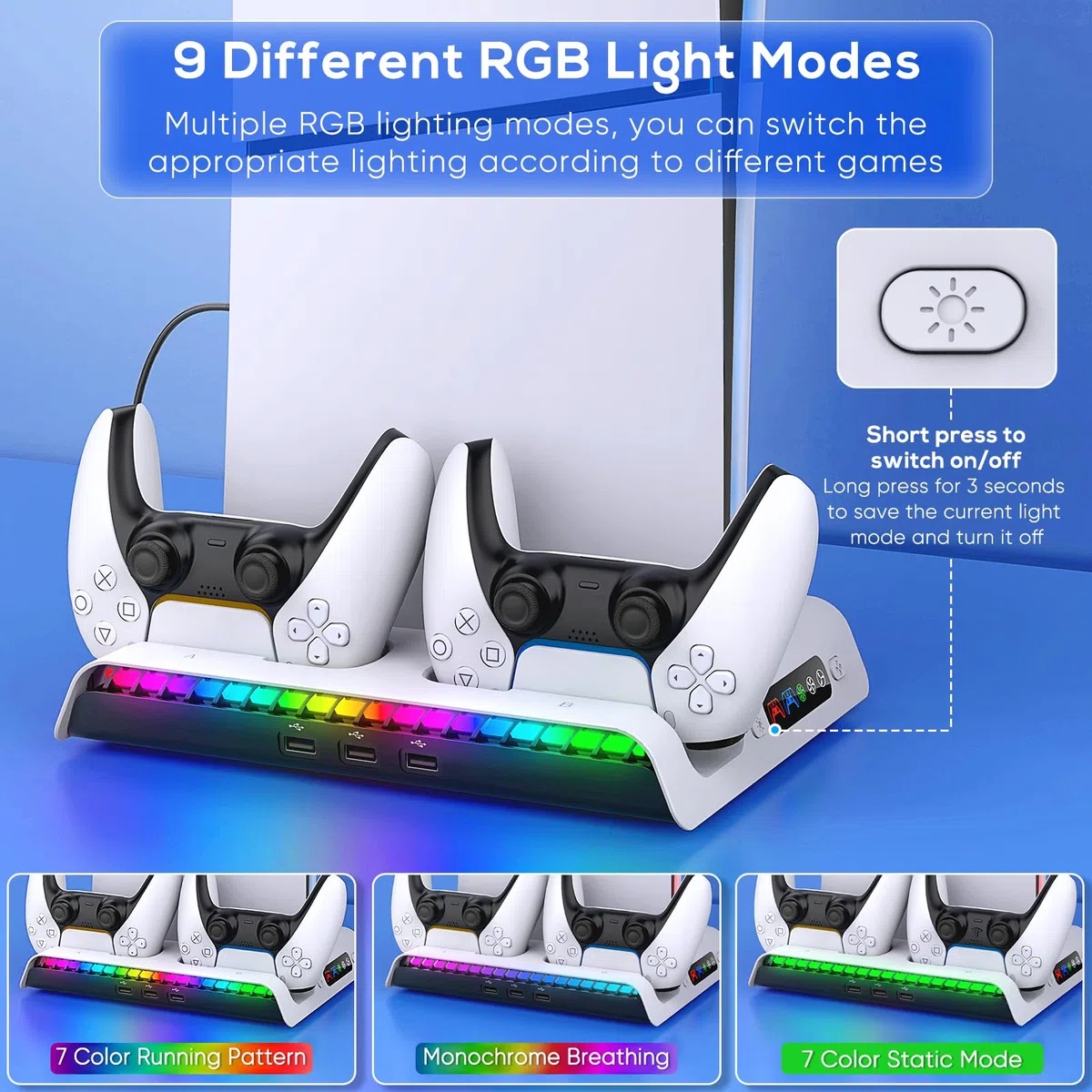 FYOUNG Supporto verticale per console PS5 Slim con ventola e controller di ricarica, supporto di raffreddamento multifunzione per PlayStation 5 Slim Accessori con luce 9RGB (solo per PS5 Slim)
