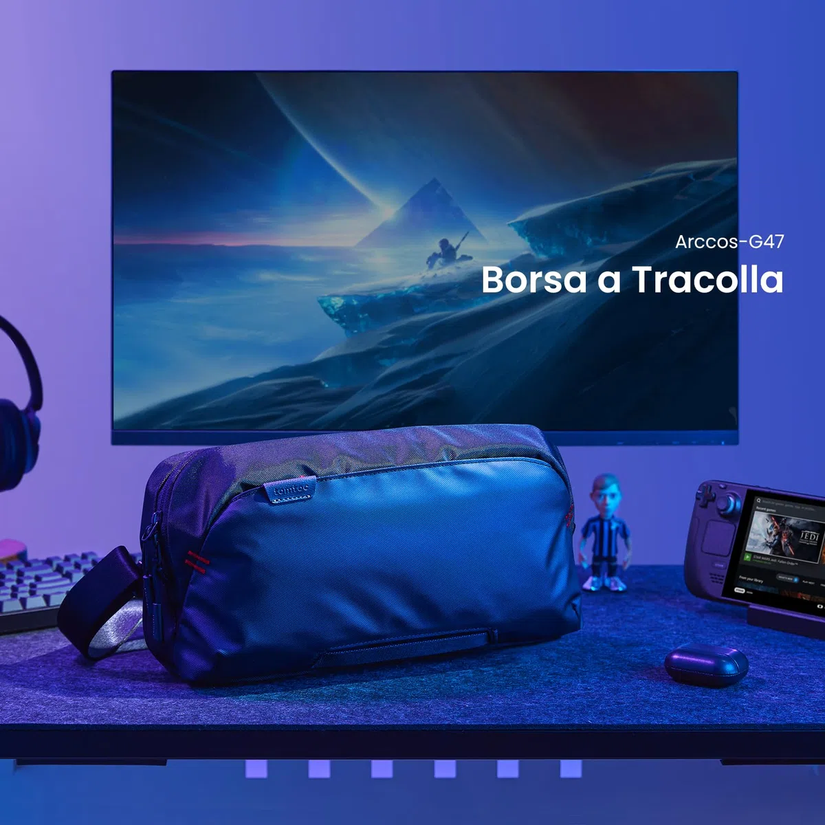 tomtoc Custodia per Steam Deck (OLED)/Nintendo Switch 2/ROG Xbox Ally (X)/MSI Claw 8/7 AI+ e Accessori, Borsa Leggera de Trasporto Scomparti Protettivi la Console, Alloggia Adattatore AC, Dock