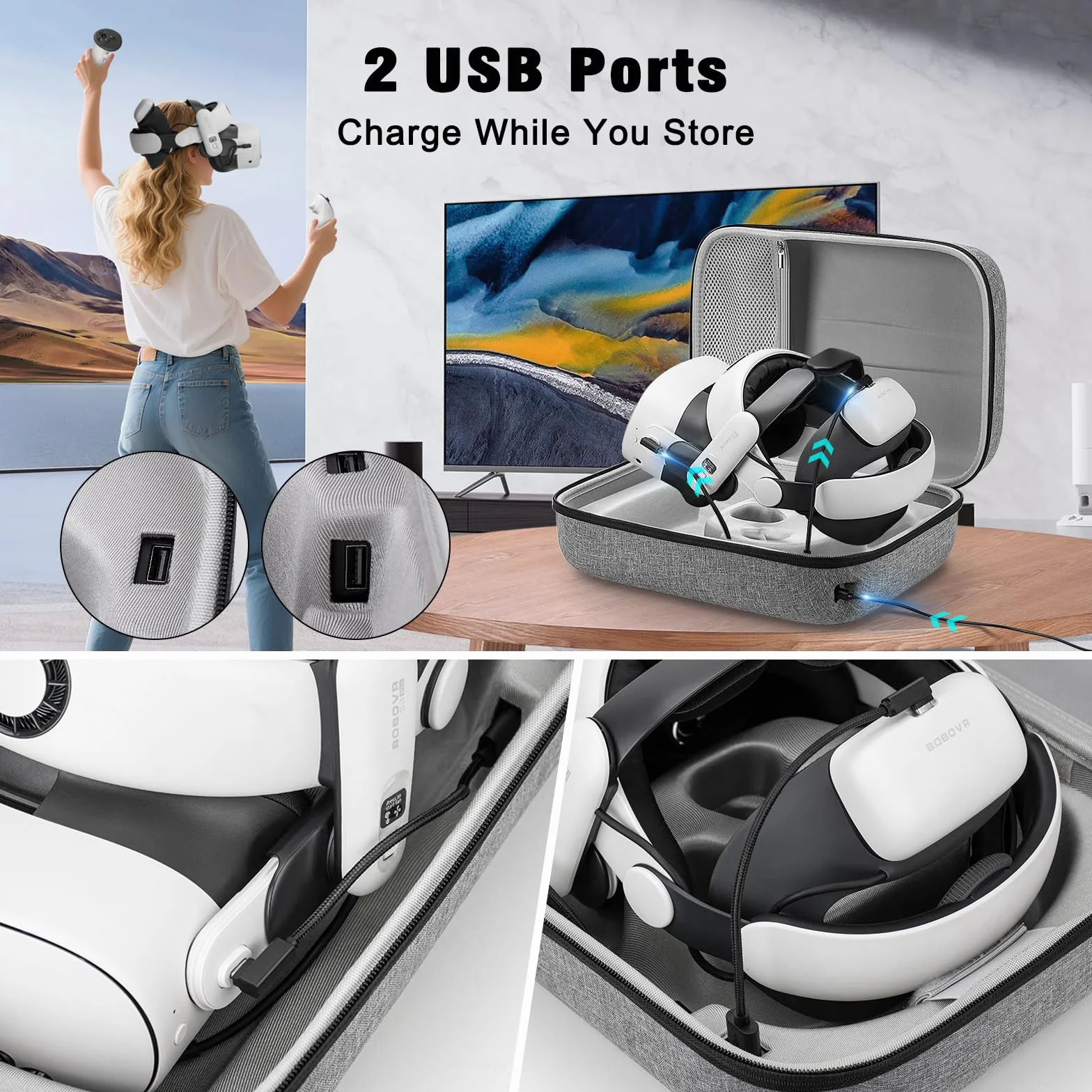 Jubor Borsa per Meta Quest 3S/3/2/Pico 4, Custodia da Viaggio Compatibile con Kiwi Design/BOBOVR Battery Elite Strap e Altri Accessori, Custodia da Trasporto con Porta di Ricarica