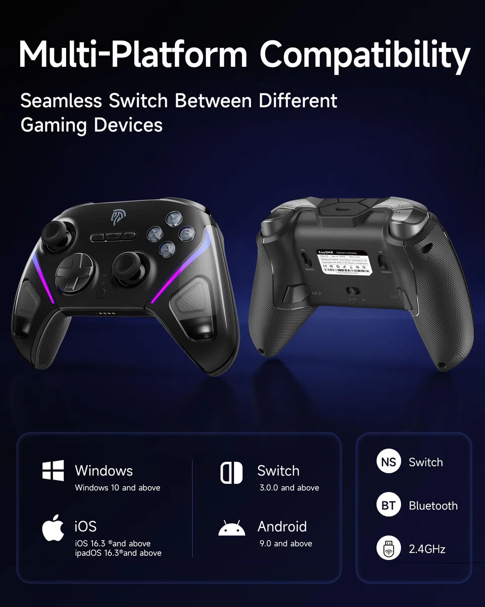 EasySMX D10 Controller PC Wireless – Joystick TMR, Grilletti Dual-Mode, Tasti Meccanici, Polling 1000Hz, RGB – Bluetooth Gaming Controller per PC/Switch/Switch 2/ iOS con Dock di Ricarica–Nero