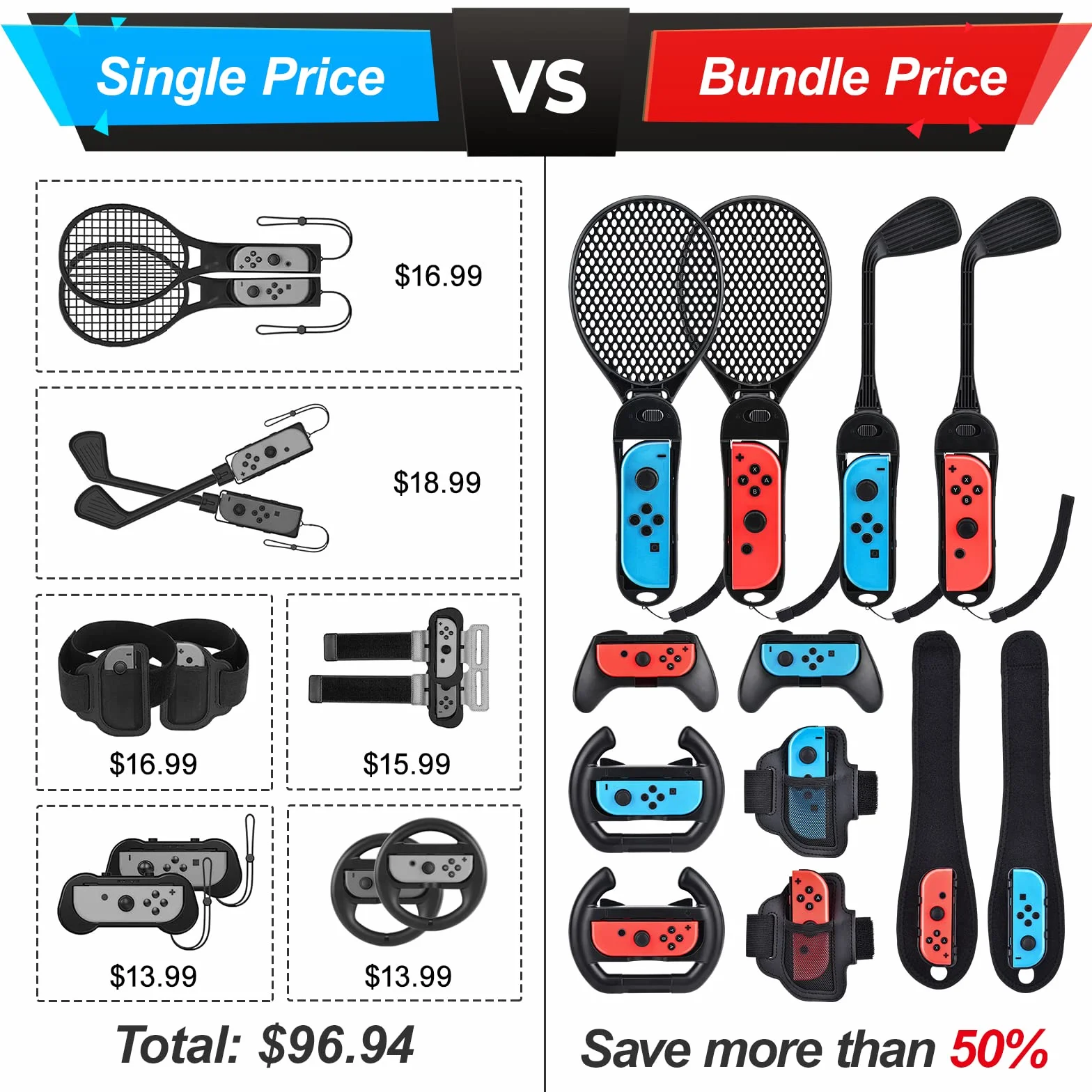 14 in 1 Switch Sports Accessori Bundle, innoAura Switch Sport Bundle con Switch Volante,Impugnatura Joycon,Racchetta Tennis,Glof Club,Cinturino polso,Cinturino gamba compatibile con Switch/Switch OLED