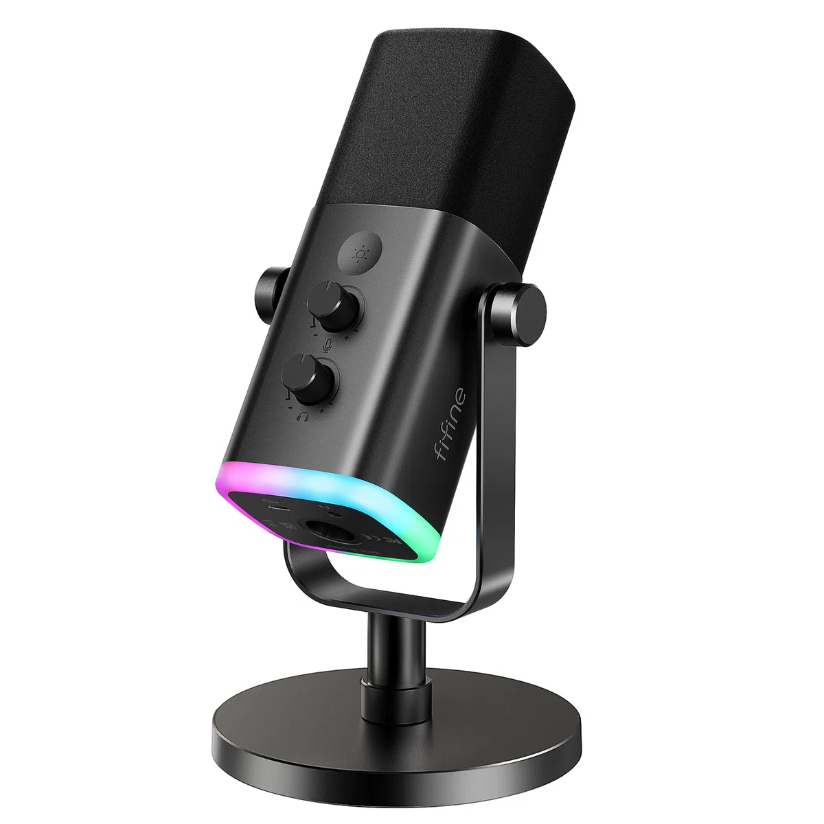 FIFINE Microfono dinamico USB/XLR per la registrazione di podcast, microfono per PC e videogiochi in streaming con luce RGB, pulsante mute, jack per cuffie, supporto da tavolo, microfono vocale per