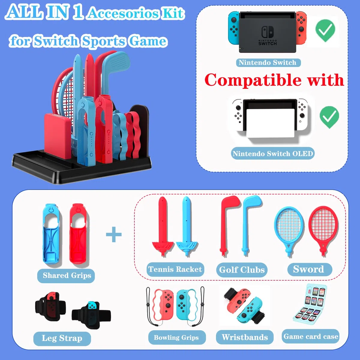 OLDZHU Set di accessori sportivi 16 in 1 con organizer compatibile con Nintendo Switch & console OLED, 2024, per feste in famiglia, set di accessori per gioco