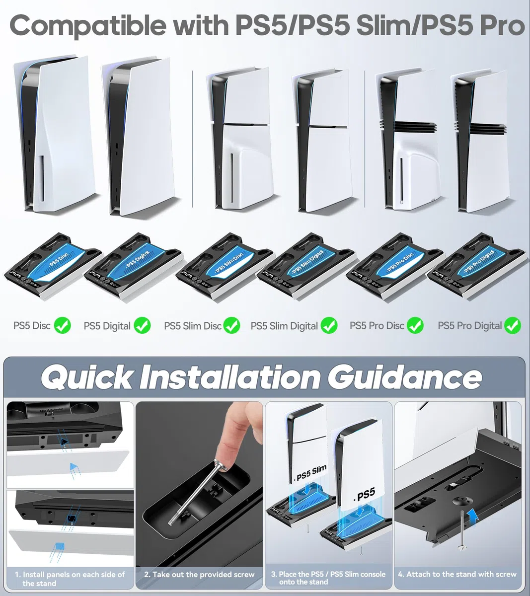 Tokluck Supporto per PS5 e Raffreddamento per PS5/PS5 Slim/PS5 PRO, Ricarica per P5 & Edge Controller, Ventola P5 a 3 velocità con 3 USB HUB