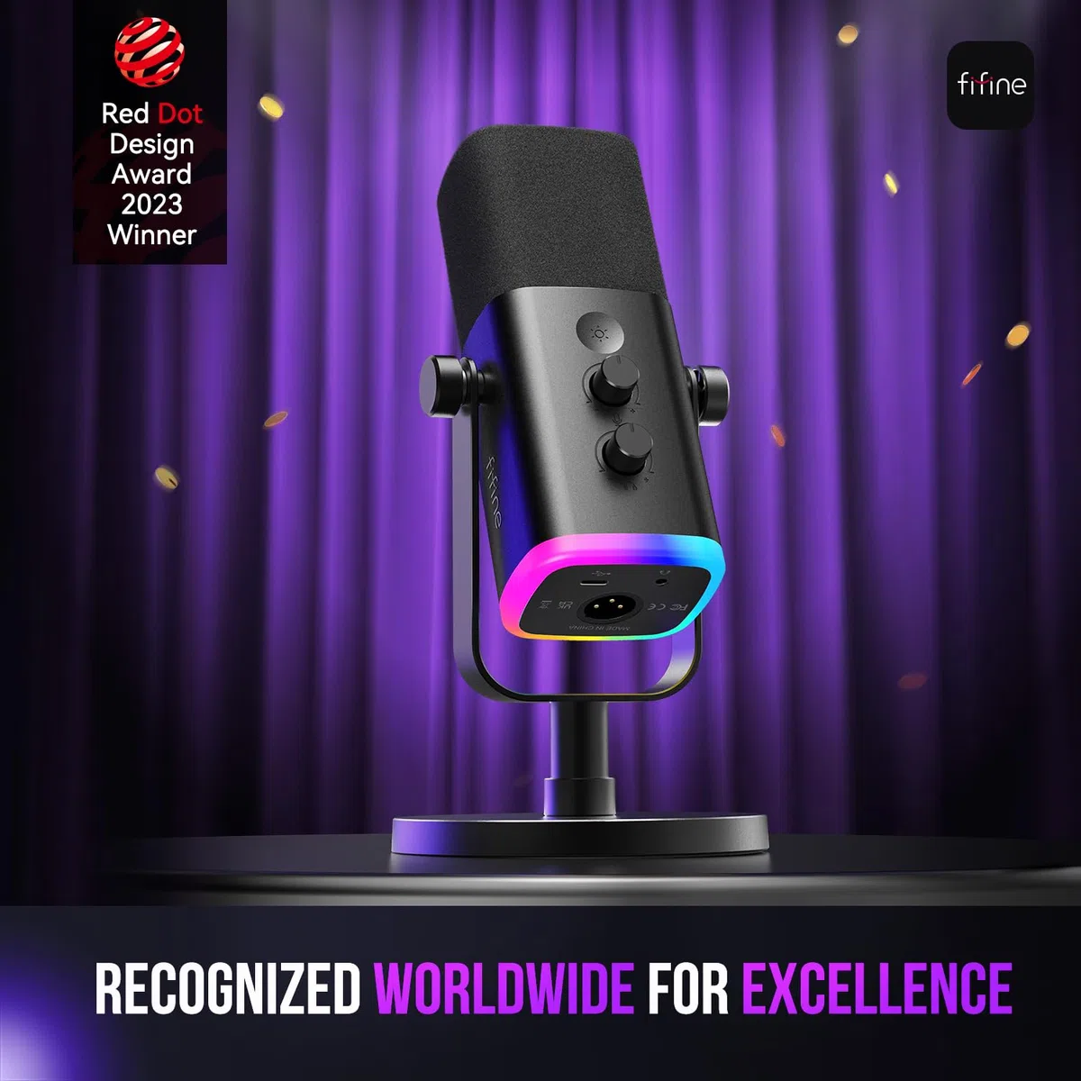 FIFINE Microfono dinamico USB/XLR per la registrazione di podcast, microfono per PC e videogiochi in streaming con luce RGB, pulsante mute, jack per cuffie, supporto da tavolo, microfono vocale per