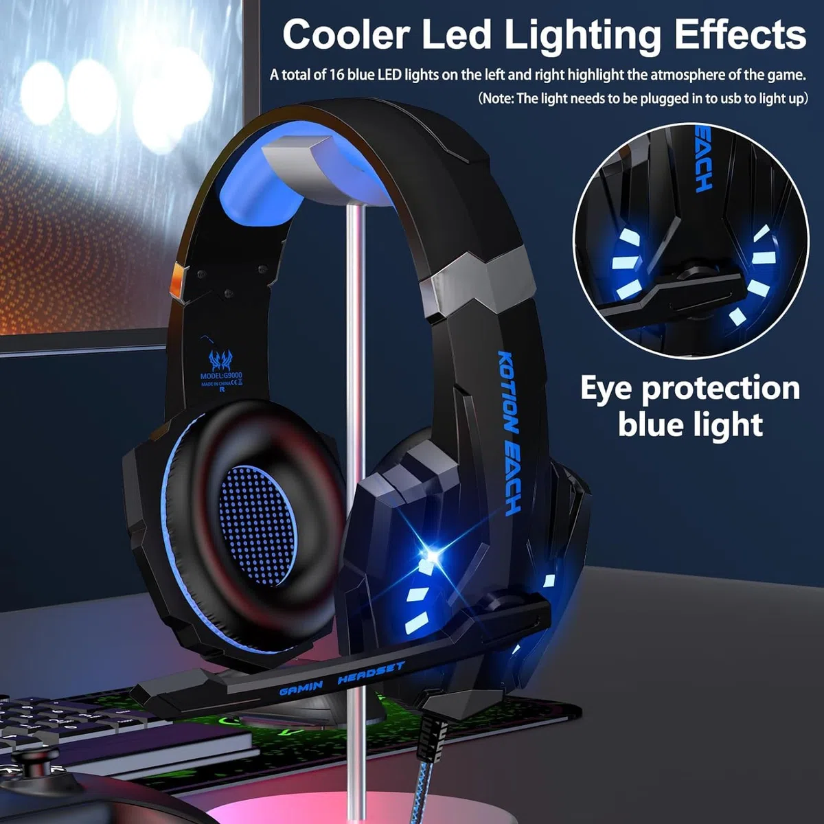 Laspi Cuffie Gaming per PS4 Cuffie da Gaming con Microfono e Bass Stereo Cuffie da Gioco con 3.5mm Jack LED e Controllo Volume Gaming Headset per PS4/Switch/PC/Mac/Laptop/Tablet