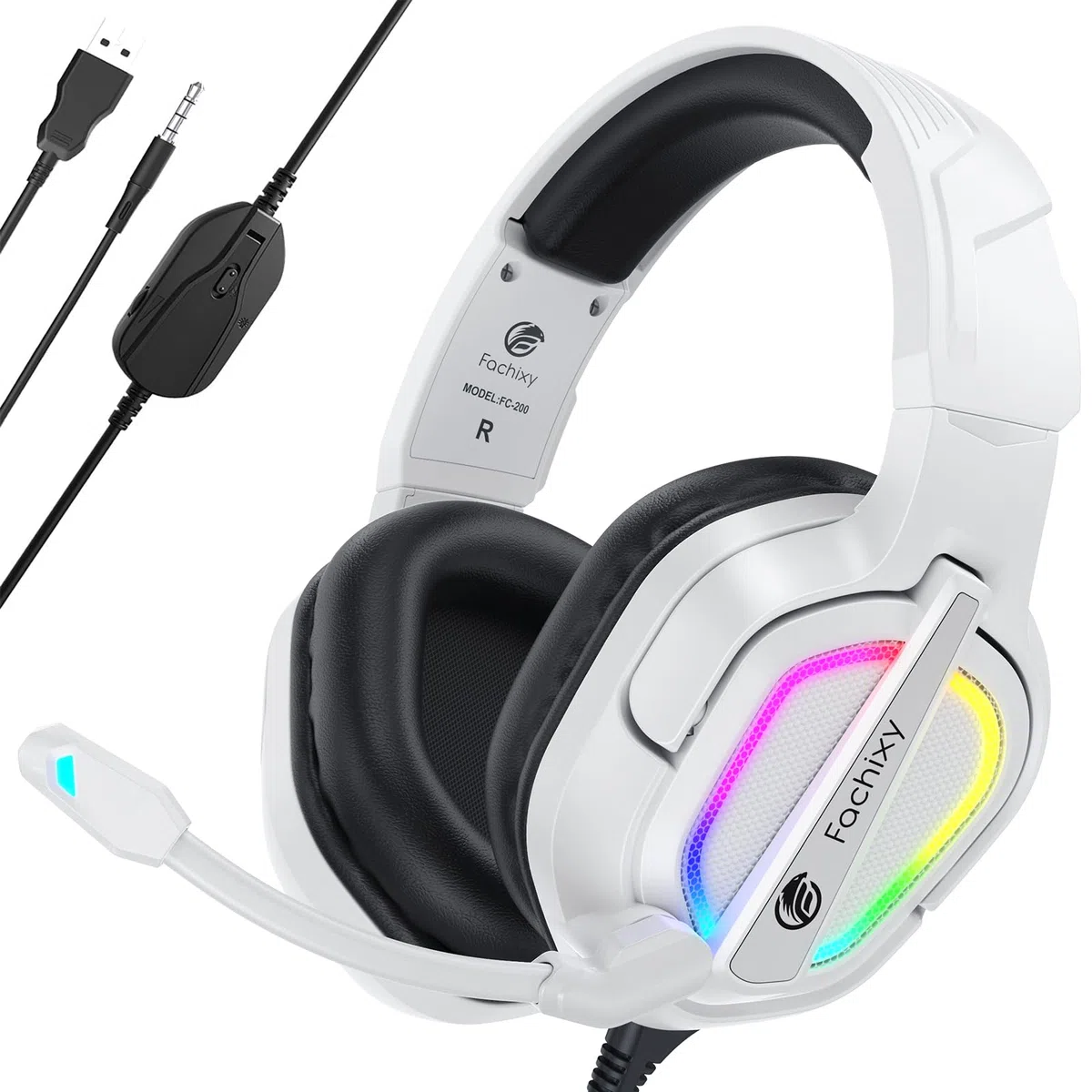 Fachixy FC200 Cuffie Gaming con Luce RGB, Microfono, Audio Stereo, Cancellazione Rumore - BIANCO