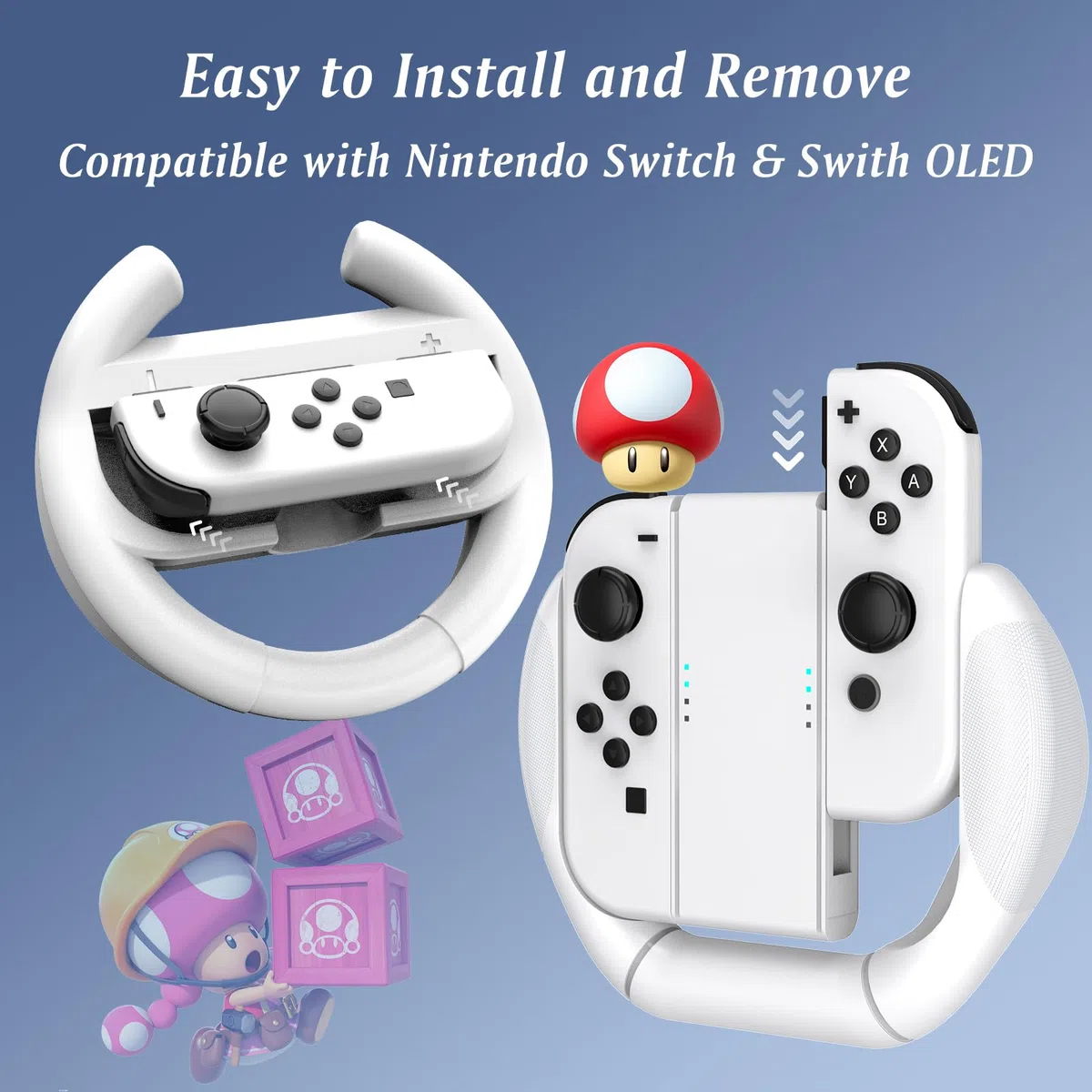 Volante Compatibile con Nintendo Switch/Switch OLED,3 in1 Joy-con Volante da Corsa Switch/OLED Controller Handle Accessori per Mario Kart 8 Deluxe,Bianco