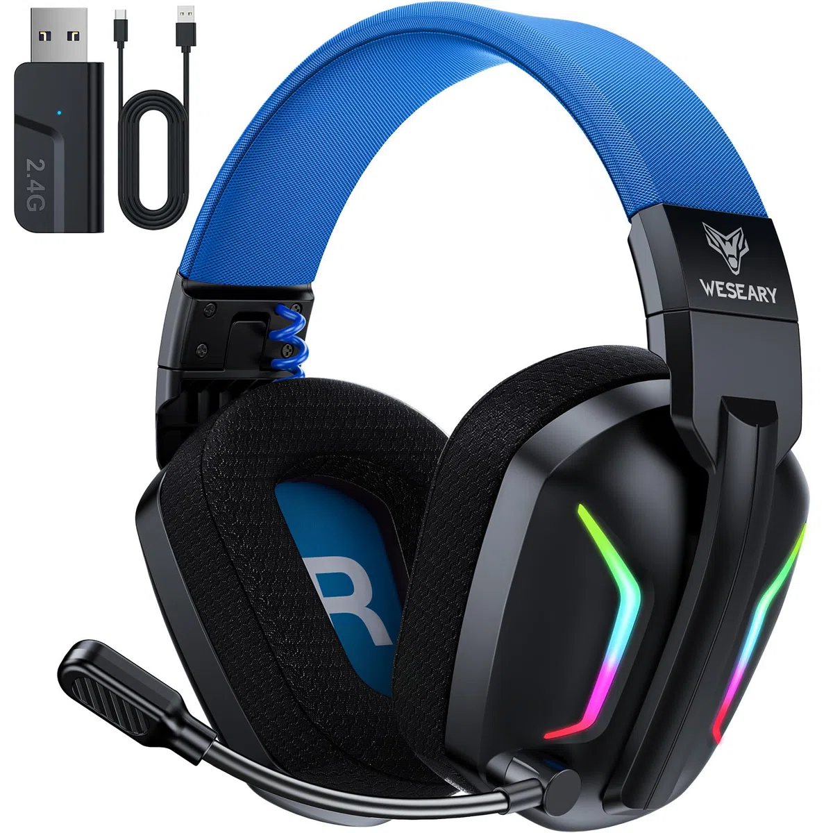 WESEARY WG1 Cuffie Gaming Wireless, 2,4 GHz Cuffie Gaming con Microfono per PS5, PS4, PC, Switch, Mac, Mobile, Cuffie per PS5 con Stereo, Cuffie Bluetooth Over Ear con Luce LED, Batteria da 50 Ore