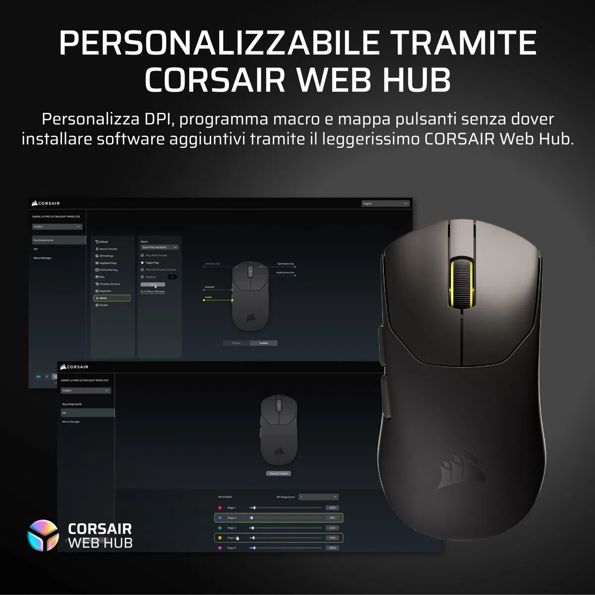 Corsair SABRE v2 PRO Ultraleggero Wireless FPS Mouse Gaming – Nero | 33.000 DPI, 36g di Peso, 8.000Hz Hyper-Polling, Interruttori Meccanici, Fino a 70 Ore di Durata della Batteria Wireless