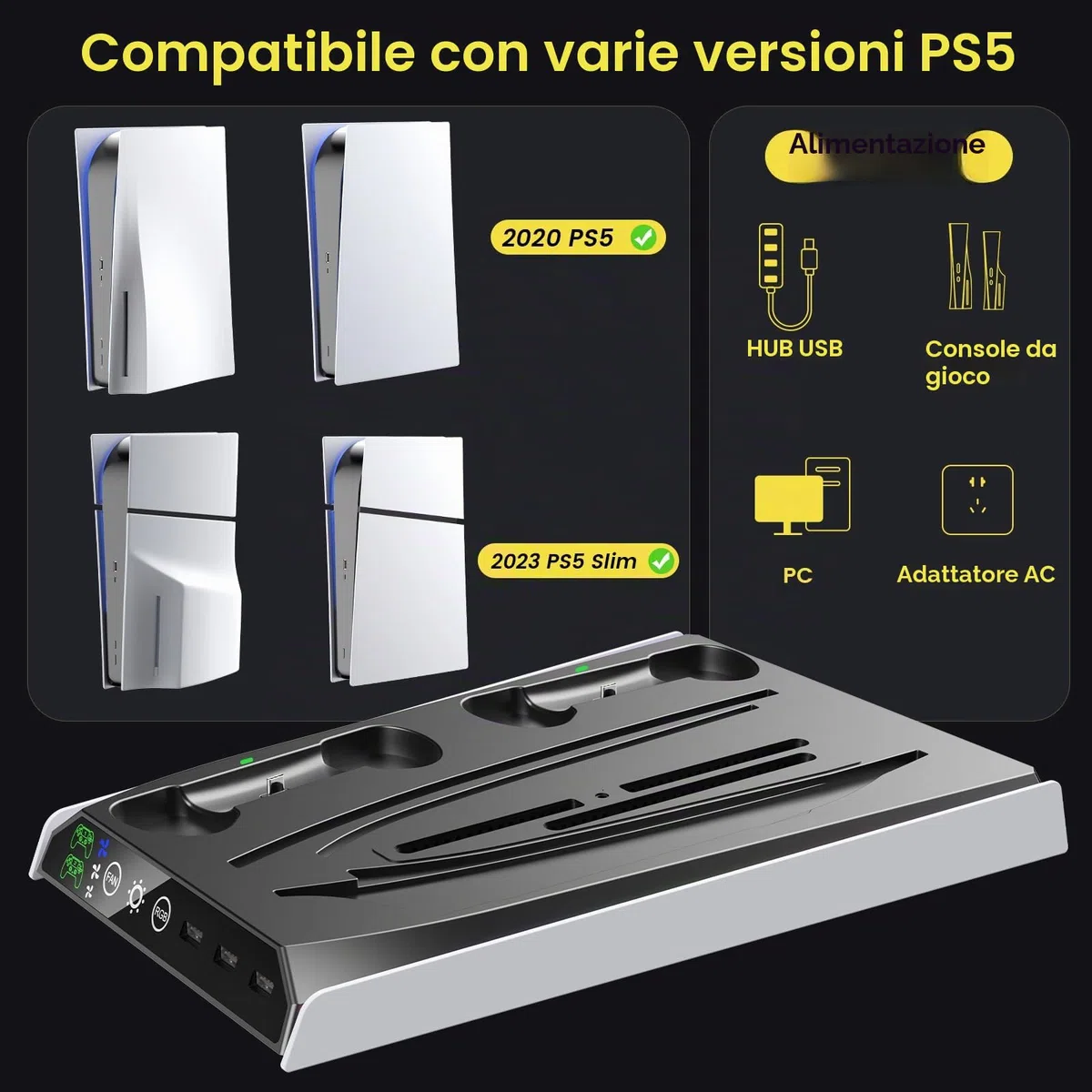 Fenolical Supporto PS5/Slim/Pro con Ventola di Raffreddamento Regolabile, Supporto Verticale per Caricabatterie PS5/Slim/Pro, Stazione di Raffreddamento Multifunzionale PS5 Slim con Caricabatterie